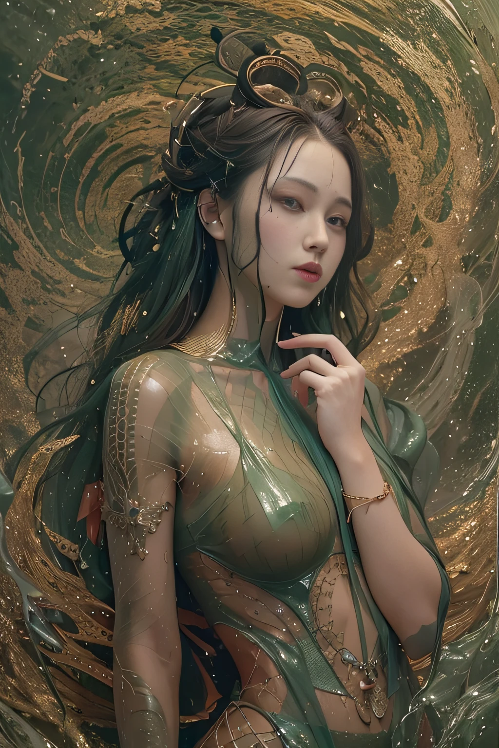 1girl in, surrealism, Verism, nffsw, ccurate, Anatomically correct, Textured skin, awardwinning, hight resolution, Super Detail, 8K,Pretty Face, Detailed face, Full body shot, perfectly proportions,Beautiful curvaceous,a wet body,Shy smile,(Depth Fields:1.3),in green,