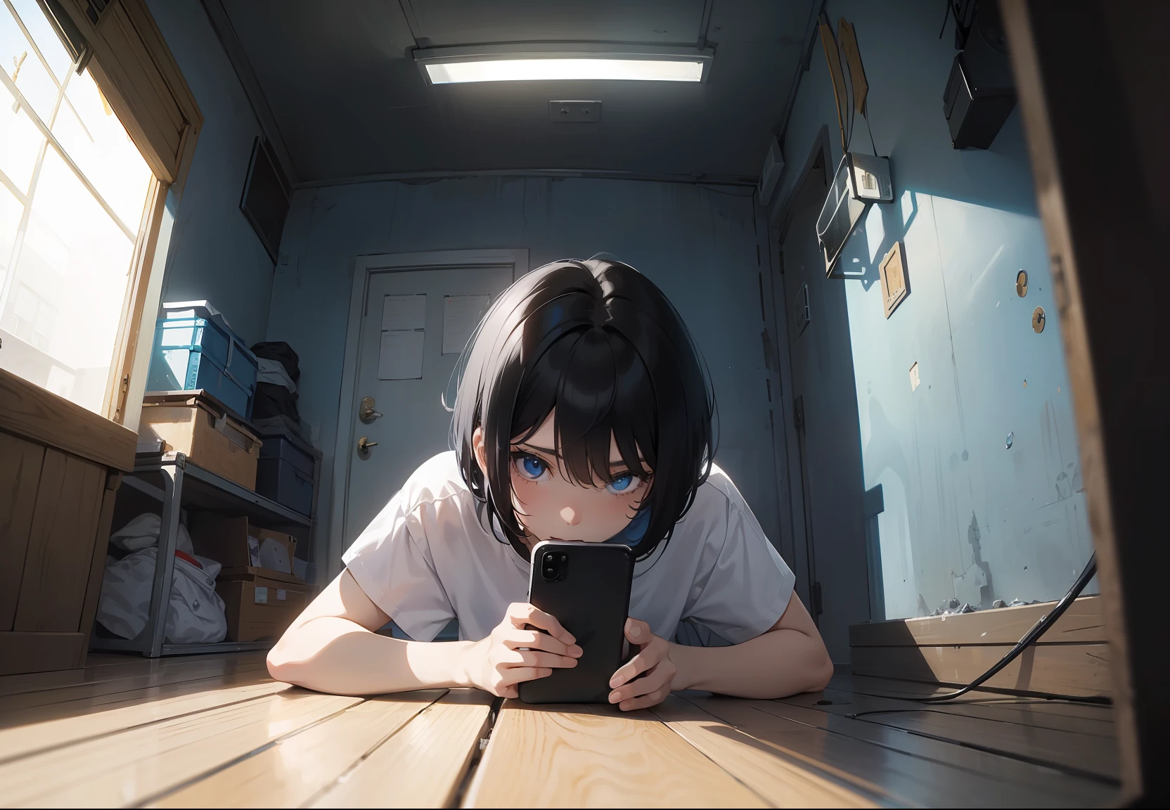 tmasterpiece, Best quality at best,((Background with:inside a room),1girll,Short black hair,White T-shirt blue jeans,lies on the ground,holding cell phone,Realisticstyle,