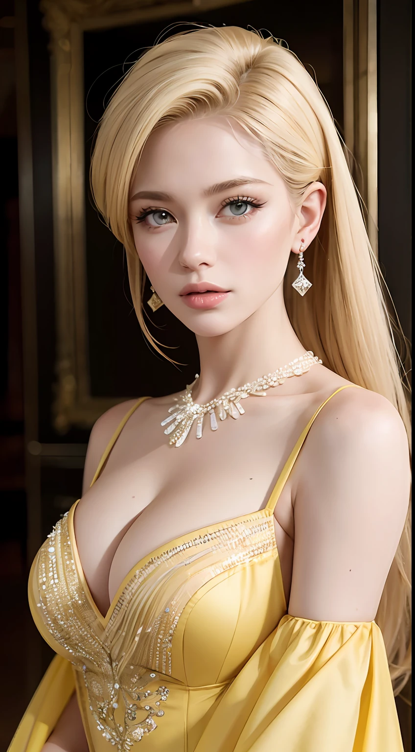 European and American women, A fashion model, Wear a yellow evening gown, Glamour, paparazzi taking pictures of her, Blonde hair, Brown eyes, 8K, High quality, Masterpiece, Best quality, HD, Extremely detailed, voluminetric lighting, Photorealistic