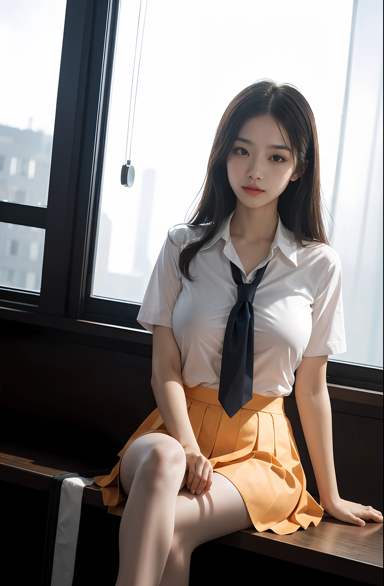Ultra-realistic 8k CG,s the perfect face,flawless perfection,ren,tmasterpiece,professionalartwork,famousartwork,s the perfect face,beauitful face,beautidful eyes,((Perfect female body)),独奏,(immersiveatmosphere,lightand shade contrast:1.5,Bright light:1.2,lumnious),,(Blushlush:0.5),Enchanting expression,Ultimate detail_The eye,thick thight,huge tit,Exquisite background,depth of fields,photorealestic:1.3,Faraway view,1girl,The shirt,pleatedskirt,School Uniform,Sit Pose,full bodyesbian,(ambient lights:1.3),(cinematic compositions:1.3),(neonlight:0.1),(HDR:0.1),emphasis lighting,White panty hose,underdressing