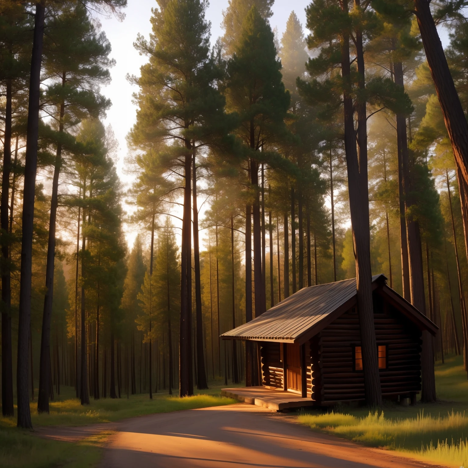 Bosque perfecto, lots of trees, A cabin in the woods, atardecer hermoso, suelo de tierra, imagen de alta calidad