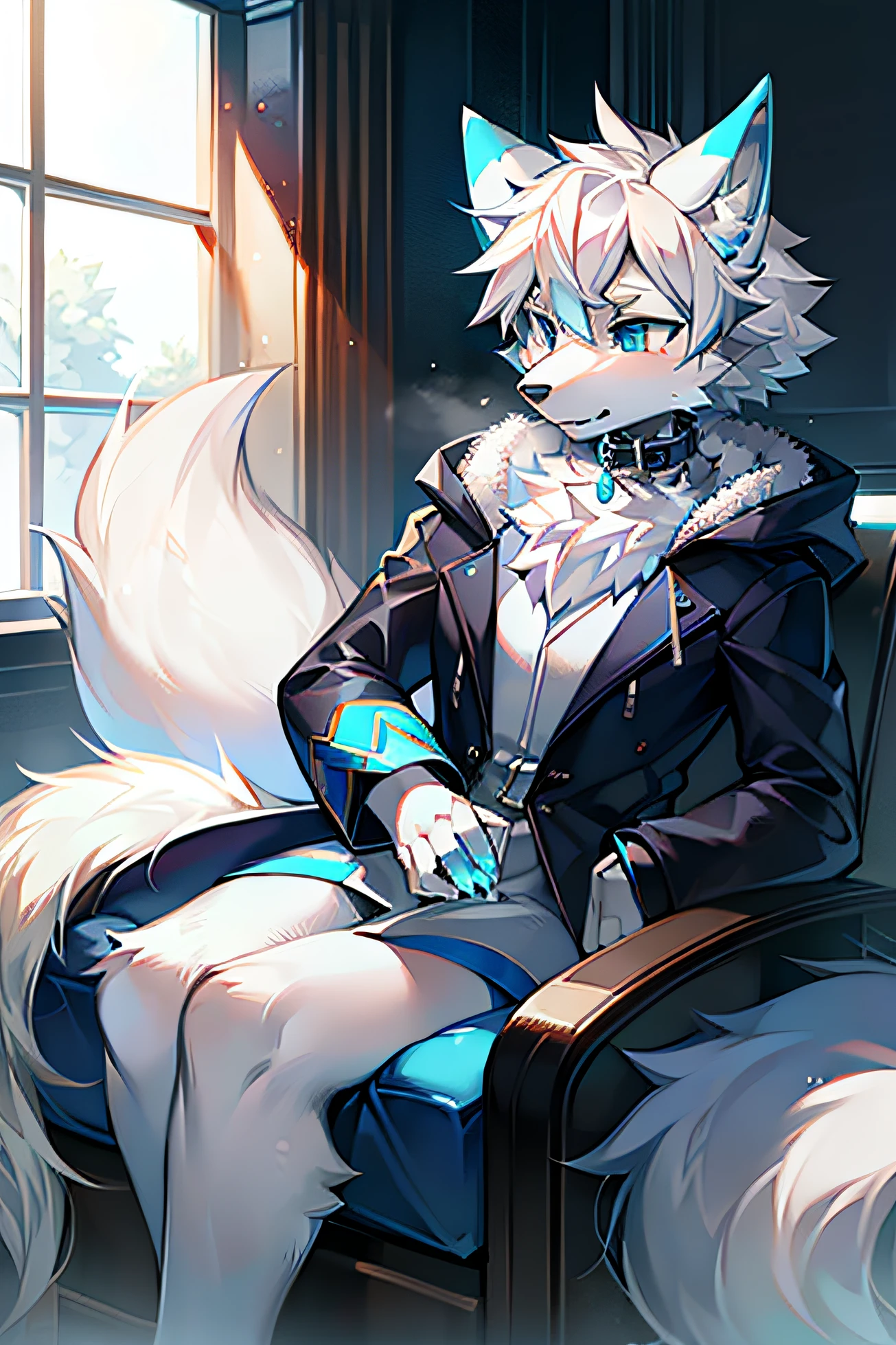 Breed：Wolf fox coat color：Silver white features：Collars Eyes：Blue The tail is slightly blue