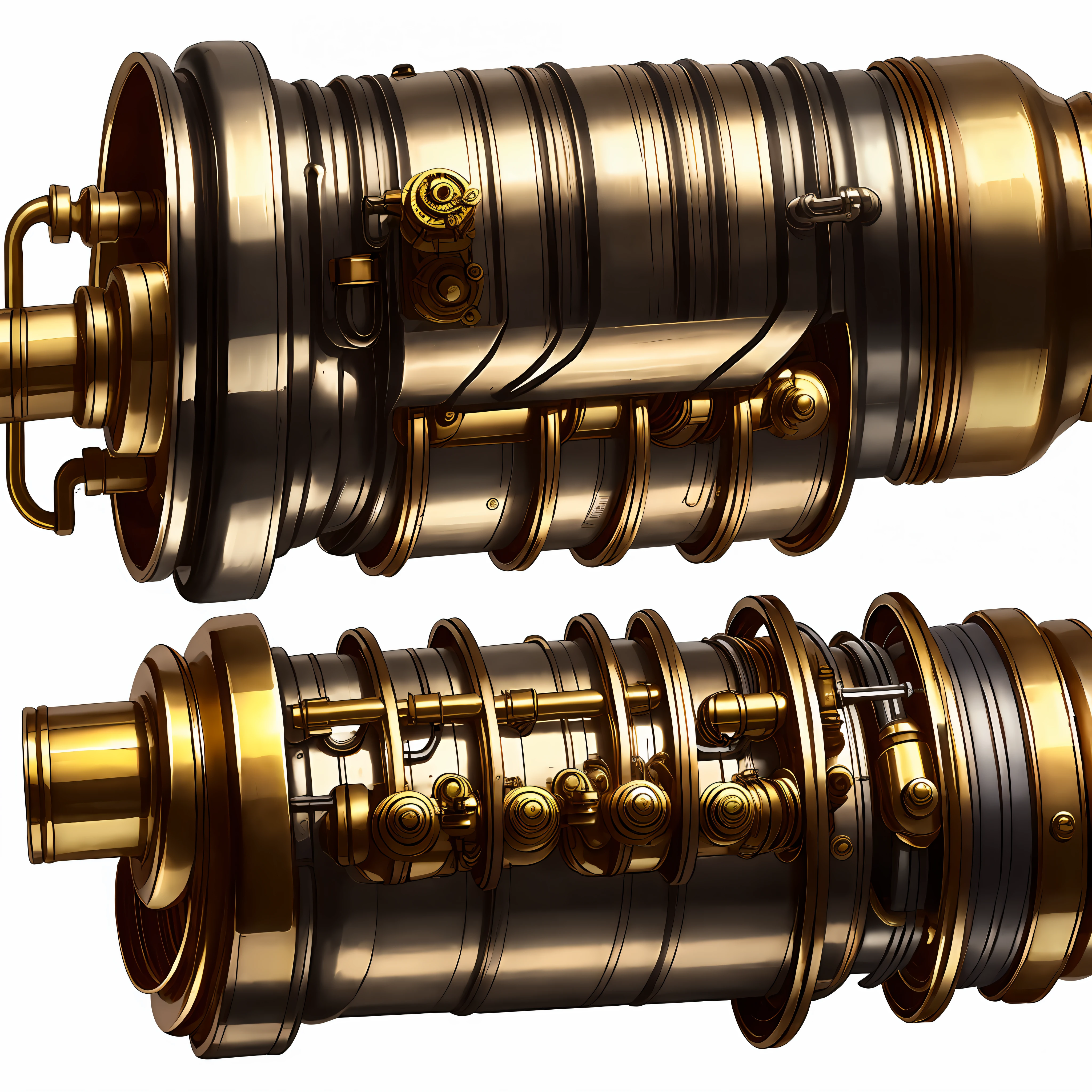 steampunc、school bus、from side view、brass、steel、Great photos of pipes、White background