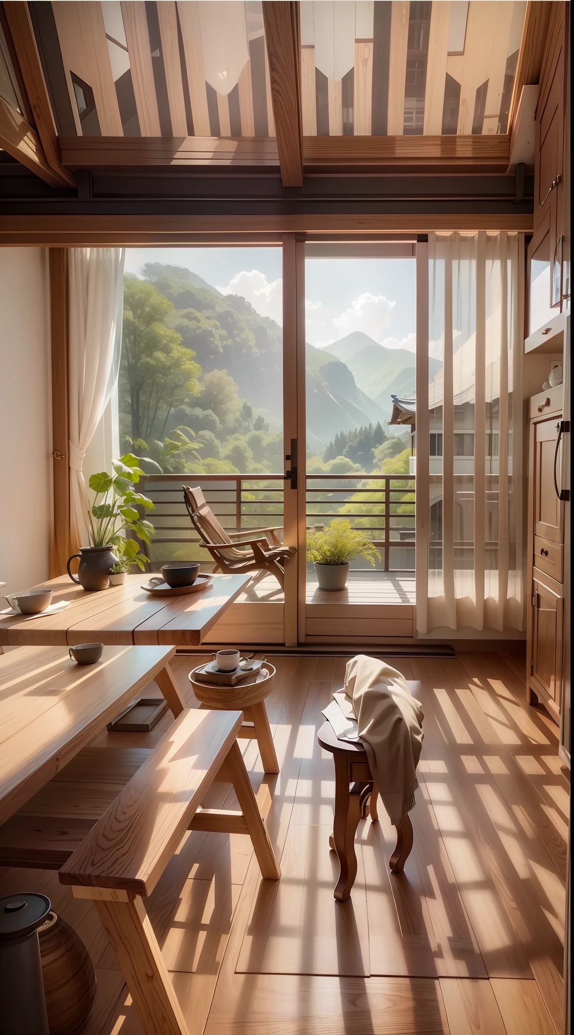 interior design、Insanely detailed wide-angle architectural photo、Cozy contemporary living room、(Bright and warm sunlight 1:0.1)、Award-winning contemporary interior design、landscapes、The table、a chair、in a house、Wooden flooring、window、resturant、east asian east asian architecture、sliding paper doors、abajour、architectural、the woods、naturey、cups、a plant、interior design、Insert lighting and shadows、depth of fields、low illuminance