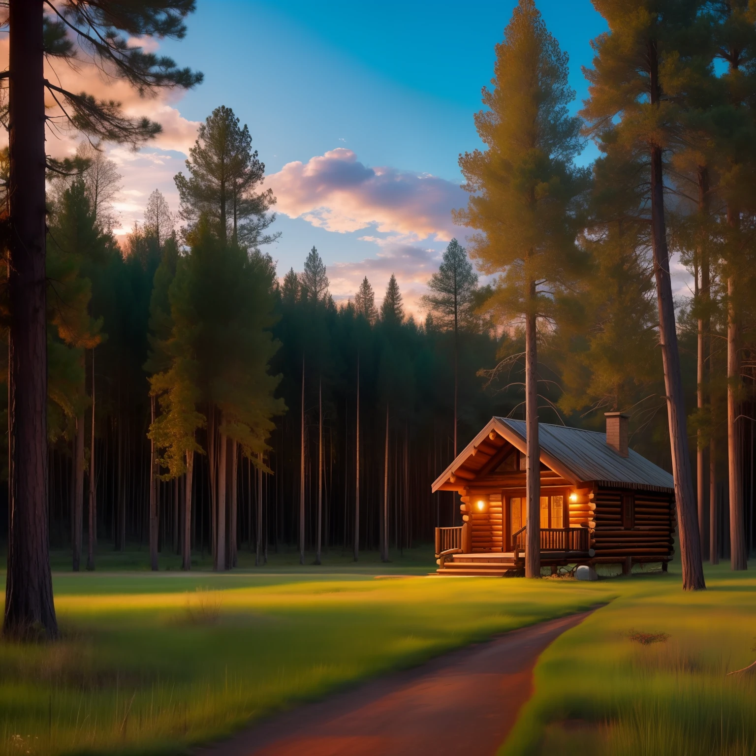Bosque perfecto, lots of trees, A cabin in the woods, atardecer hermoso, suelo de tierra, imagen de alta calidad
