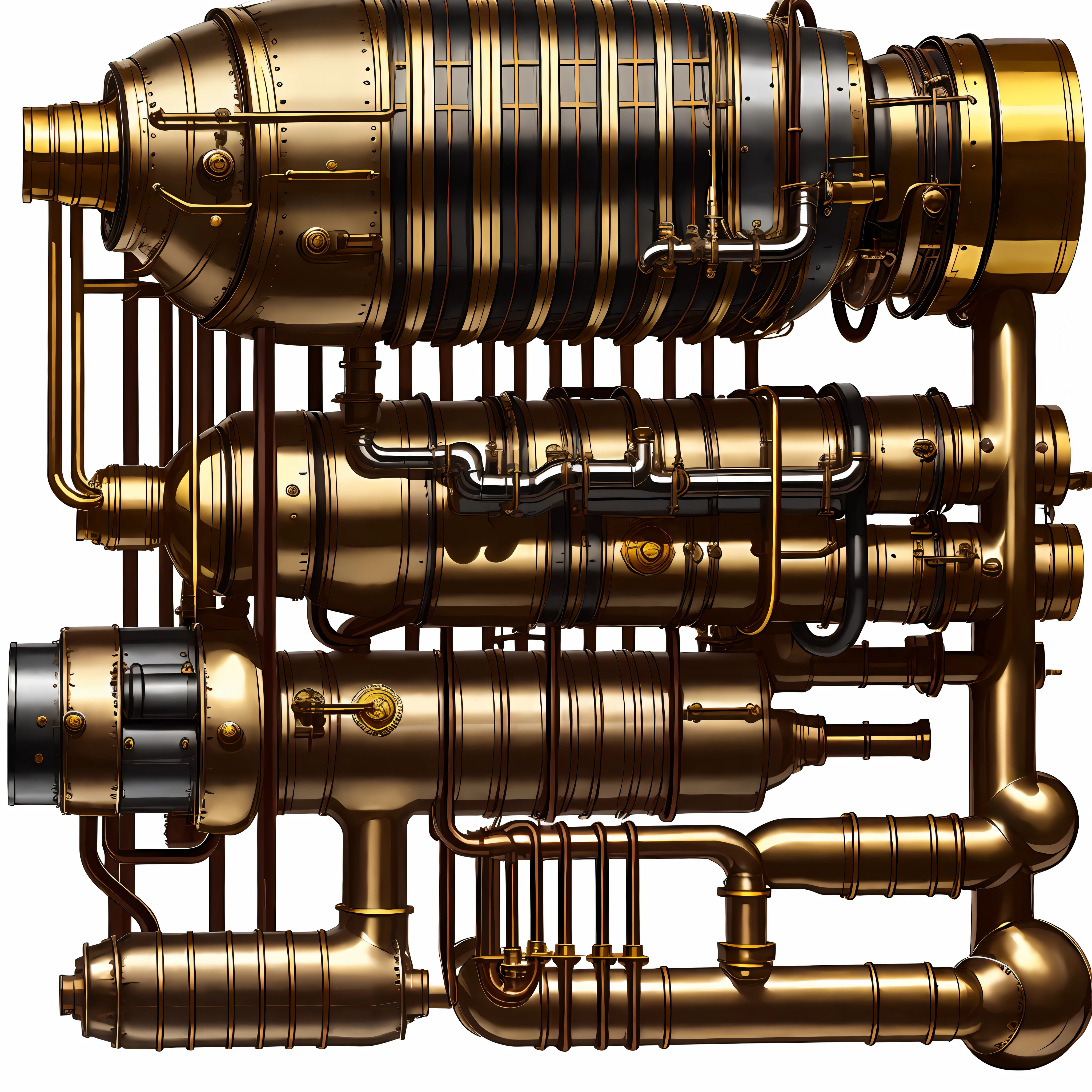 steampunc、school bus、from side view、brass、steel、Great photos of pipes、White background