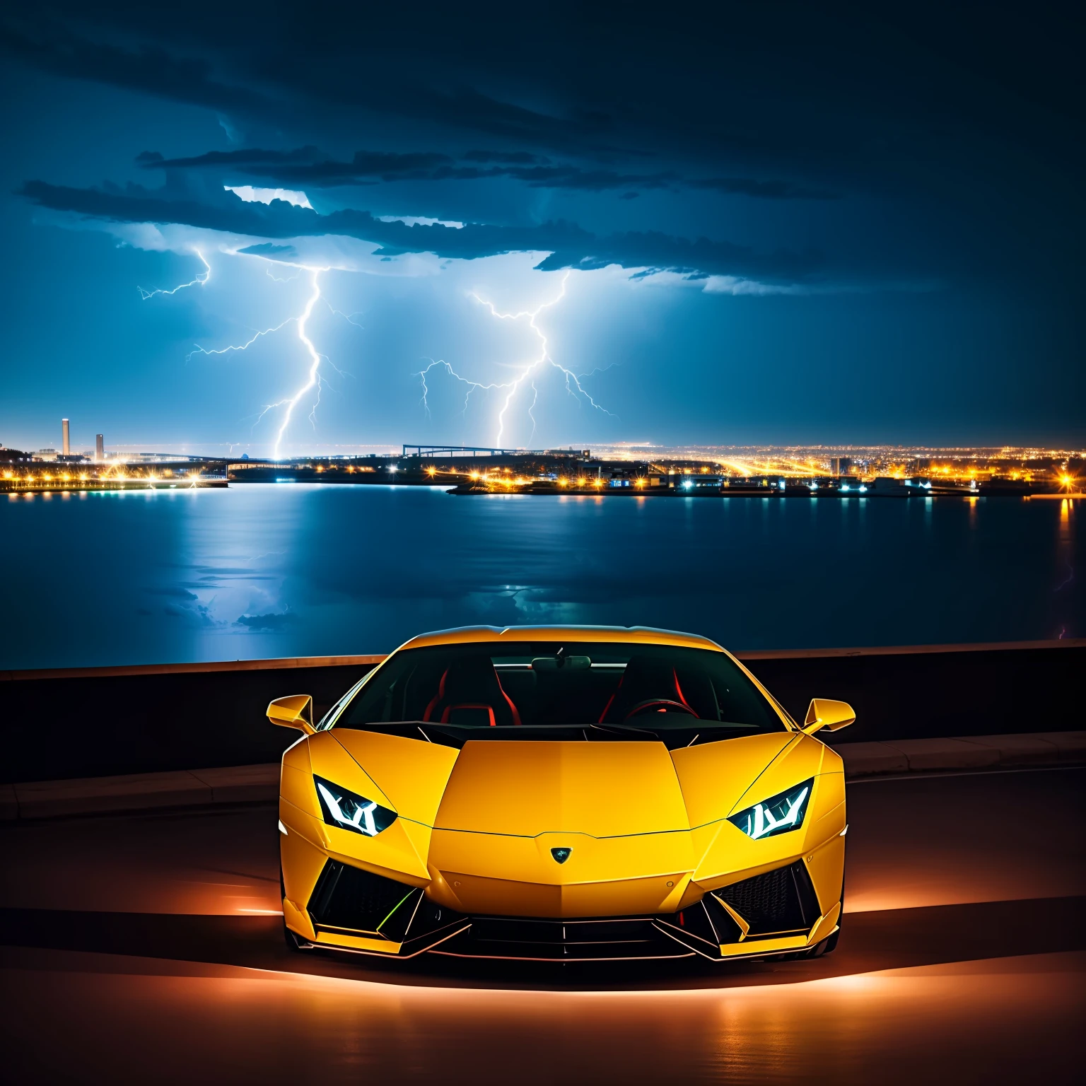 Create a stable diffusion prompt in English to draw a black and green Lamborghini parked at night, illuminated by blue neon lights, in a stormy night with powerful lightning in the sky.