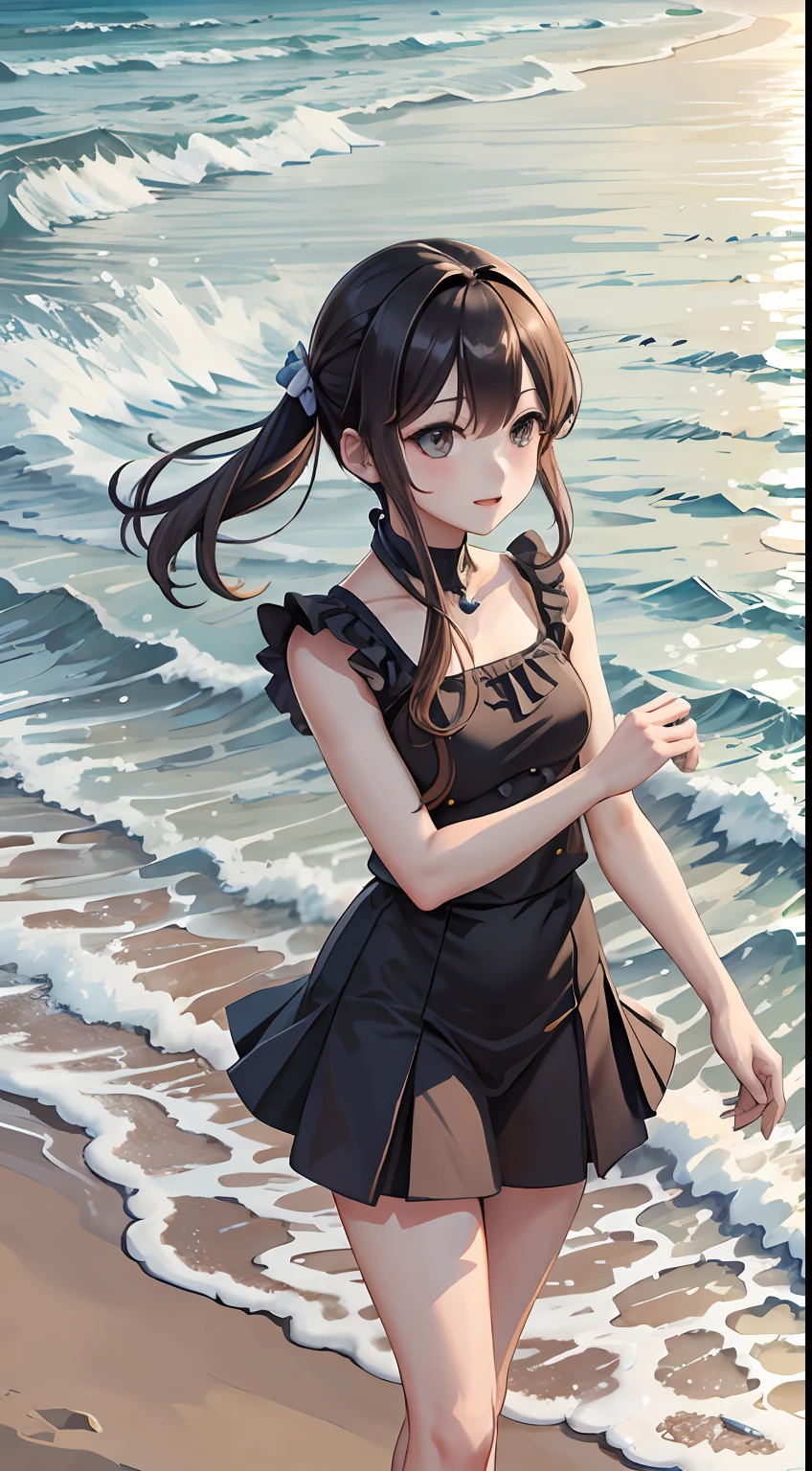 bit girl，On the beach，Play against the waves。