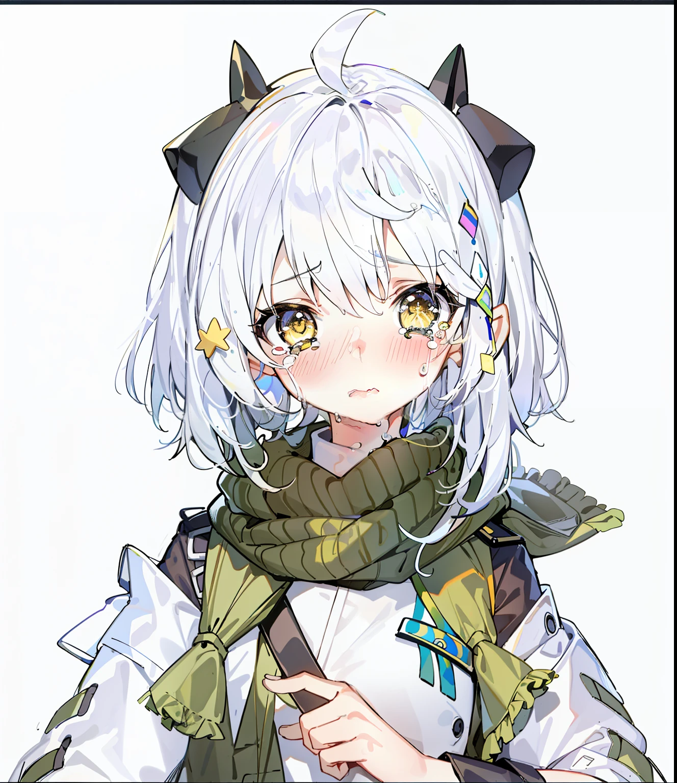 TAT, wavy mouth, frown, 1girl, crying with eyes open, crying, tearing up, tears, sad, portrait, upper body, white background,yellow eyes,loraeyes