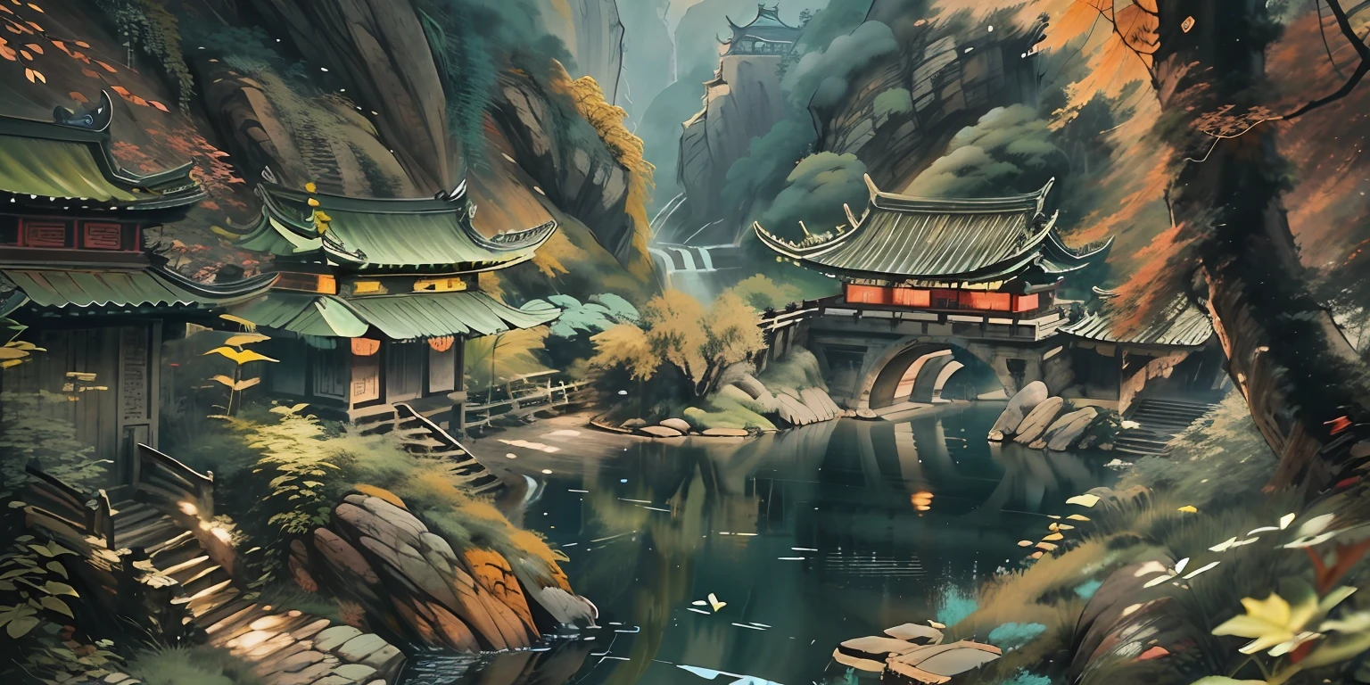 （super wide shot），（Best Masterpiece），8K，An ancient Chinese town nestled in the hills of the mountains，Densely wooded，The leaves are verdant，The stream is babbling，The visuals are beautiful and beautiful，full of sunlight，Summer view，Green yellow，green leaf，green waters，Green trees