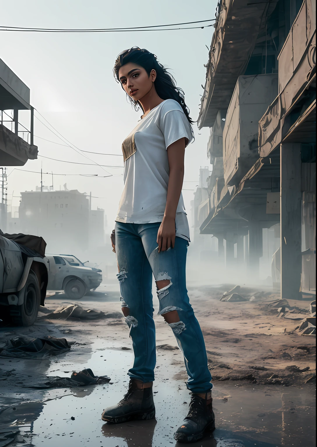 natural skin texture, 24mm, 4k textures, soft cinematic light, adobe lightroom, photolab, hdr, (full shot body:1.4) photo of 27 year old middle eastern, android woman, soviet union, 70s, retrofuturism, masterpiece, (photorealistic:1.4), best quality, ((old torn white round neck plain Tee-shirt, torn jeans, dirty clothes,)) beautiful lighting, ((old torn clothes, dirty))lying beaten on the ground, rain, mud, puddles, braided hairstyle, ray tracing, space background, ( very detailed background, detailed complex busy background : 1.4 ), sharp focus, volumetric fog, 8k uhd, dslr, high quality, film grain, ((depressive mood)), photorealism, lomography , at ( A sprawling soviet metropolis in a future dystopia ), view from below , translucency , (HDR:1.2), Mar, basic tee-shirt full length, in different action, standing, walking, sitting on Wood chair, white baggy Teeshirt, regular fit, mud stains on white Teeshirt, full body length, low ankle boots, perfact legs, perfact hips, Arabian beautiful girl