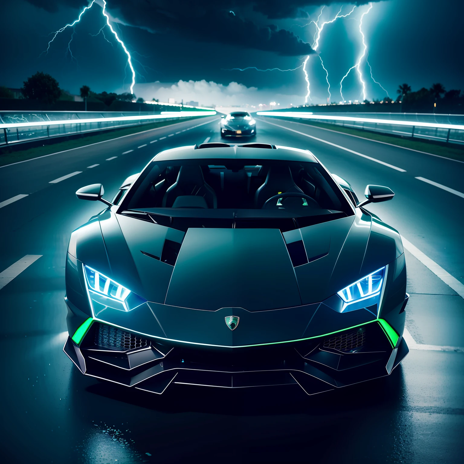 Black and green Lamborghini parked at night, WELL illuminated by blue neon lights, in a stormy night with powerful lightning in the sky.