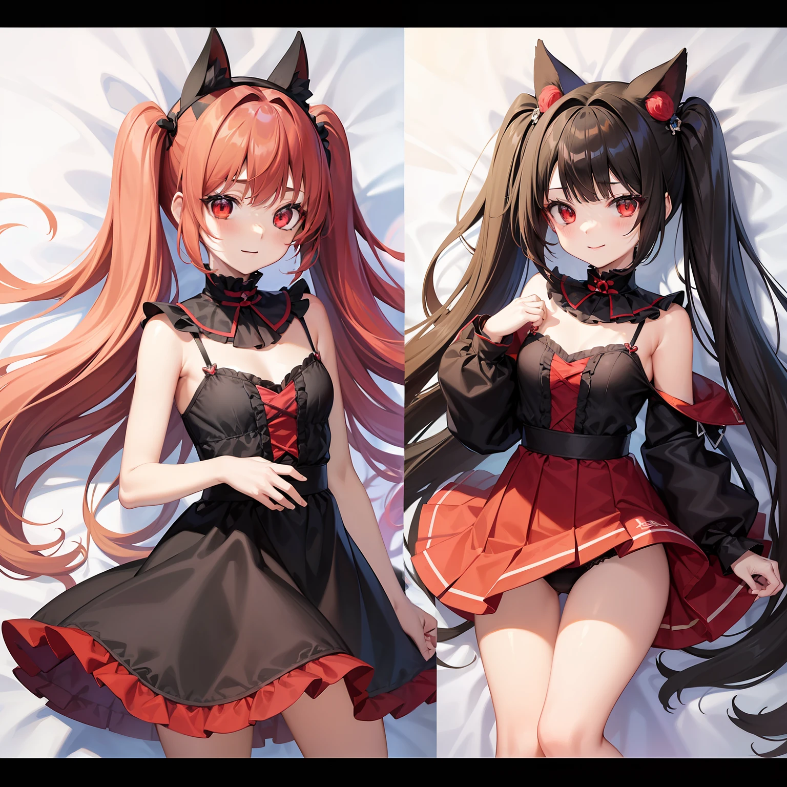 Anime filling,Two-dimensional illustration,Red hair,Half Twin Tail,shorth hair,Big eyes,A smile,a beauty girl,cute little,Super Cute,Black cat ears,Red Eyes,Ruffled Clothes,Black lace clothes,Inner colorGreen,One girl,Full body painting,A masterpiece of 2D art,(masterpiece,Top image quality:1.3),(detaile:1.2),(1人),swim wears