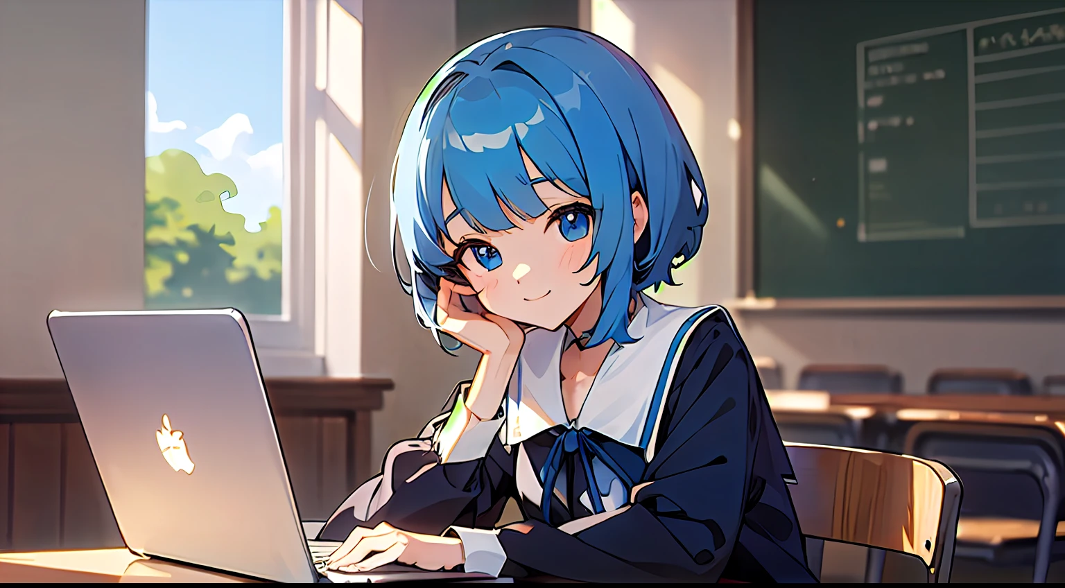 Upper body, mid-shot, femele, Detailed eyes, ((Anime girl sitting at laptop table)), , Short hair, Blue hair, Bangs,school classrooms,Dark blue uniform, Long sleeves,、frontage、 Smiling smile