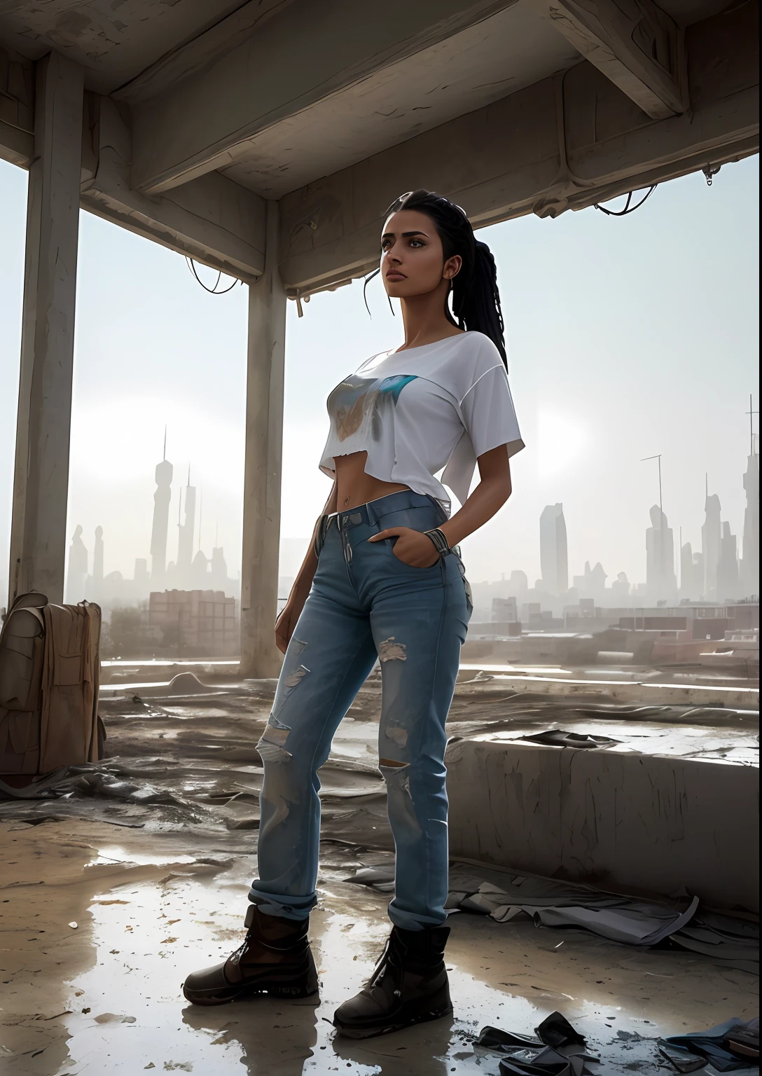 natural skin texture, 24mm, 4k textures, soft cinematic light, adobe lightroom, photolab, hdr, (full shot body:1.4) photo of 27 year old middle eastern, android woman, soviet union, 70s, retrofuturism, masterpiece, (photorealistic:1.4), best quality, ((old torn white round neck plain Tee-shirt, torn jeans, dirty clothes,)) beautiful lighting, ((old torn clothes, dirty))lying beaten on the ground, rain, mud, puddles, braided hairstyle, ray tracing, space background, ( very detailed background, detailed complex busy background : 1.4 ), sharp focus, volumetric fog, 8k uhd, dslr, high quality, film grain, ((depressive mood)), photorealism, lomography , at ( A sprawling soviet metropolis in a future dystopia ), view from below , translucency , (HDR:1.2), Mar, basic tee-shirt full length, in different action, standing, walking, sitting on Wood chair, white baggy Teeshirt, regular fit, mud stains on white Teeshirt, full body length, low ankle boots, perfact legs, perfact hips, Arabian beautiful girl