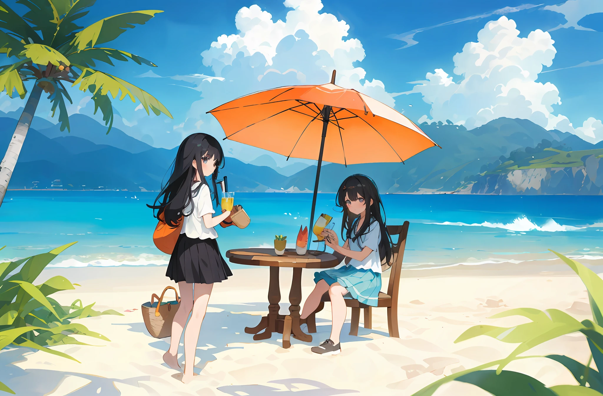 (Masterpiece:1.3),(The best quality:1.2),(super fine illustrations:1.2),High quality,High detail,Extremely detailed,Detailed,light novel cover art,A high resolution,Two girls, Long black hair, Harnes, short  skirt, Holding a drink in your hands, beach umbrella, There were drinks and watermelons on the table, Coconut Tree, Small grass nearby, sandbeach, swell sea, Small island in the distance, Blue sky, baiyun