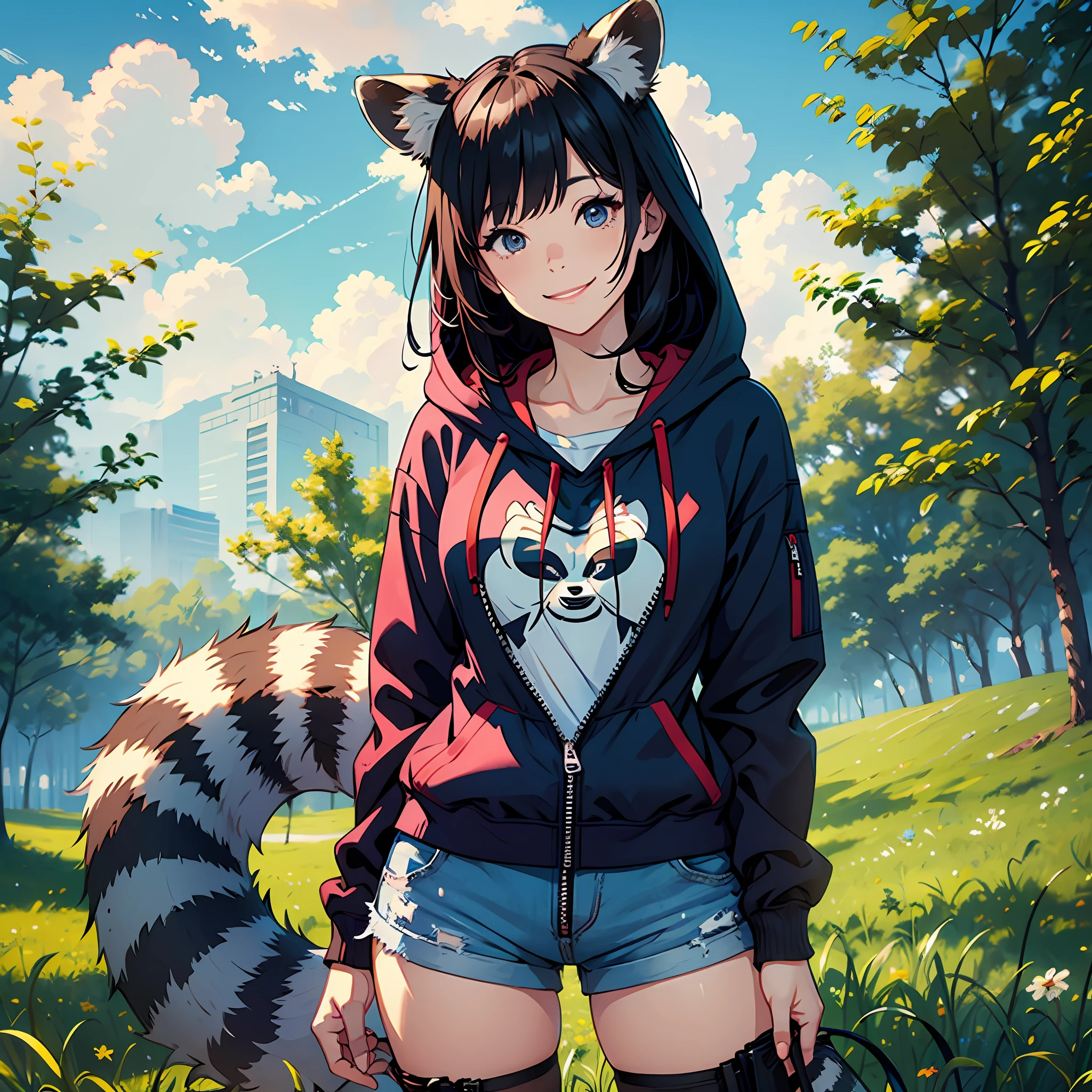 smiling woman with raccoon ears and tail, shorts, unzipped hoodie, sunny day, open field