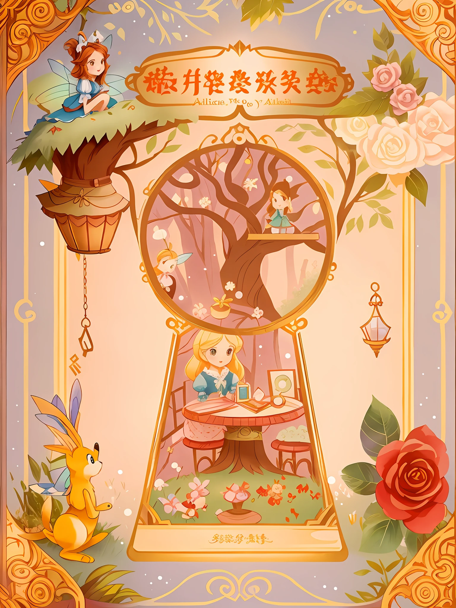 Fairy tale book cover、alice in the wonderland、style of disney animation、Tree holes、Alice falls into a tree hole、ln the forest、table light、mirrors、playingcards、bookshelves、key、The gateway to dreams、