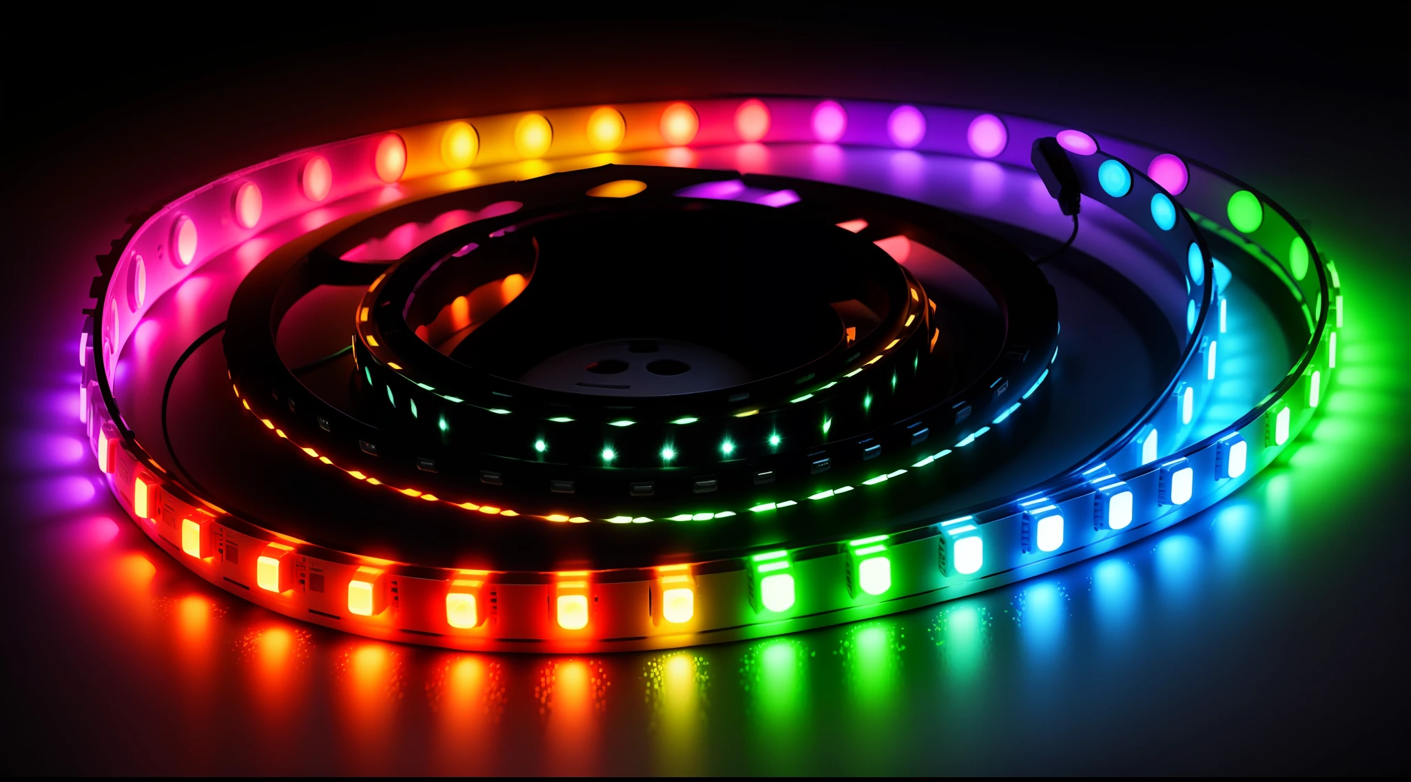 In total darkness,There are multiple LED colored strips of light tiled on the ground、Gives off colorful and multi-colored light --auto
