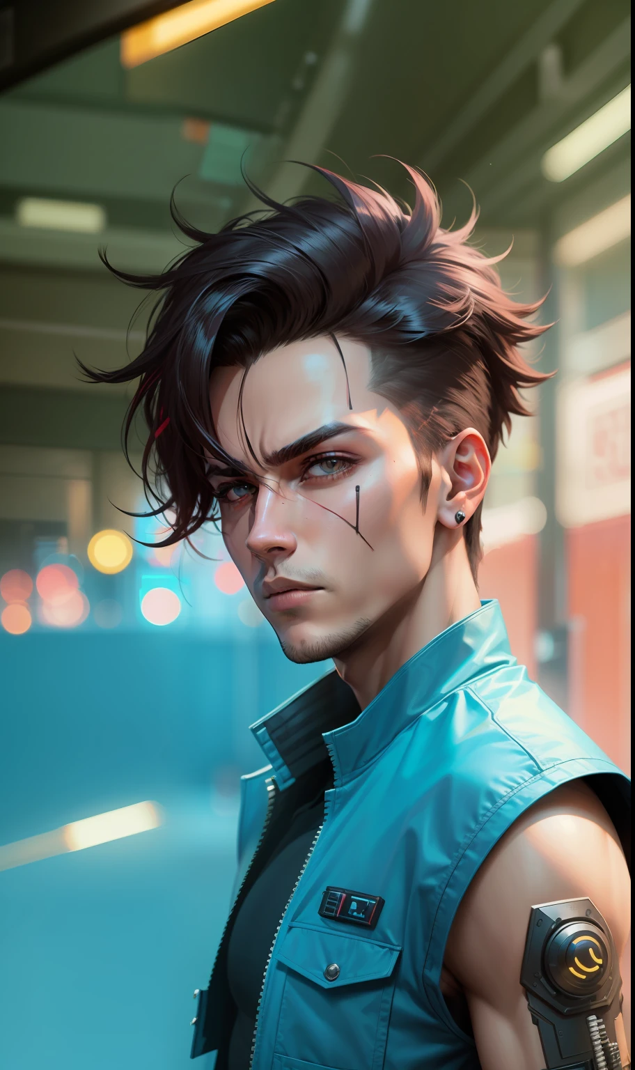 Change background cyberpunk handsome boy. Real stick face 8k ultra real stick