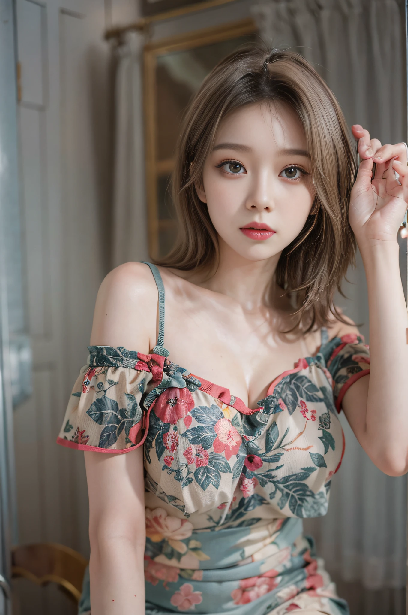Top image quality、Raw photography、超A high resolution、Cute girl at 18 years old、Shooting for one person only、big round chest、cleavage of the breast、Patterned tank top、Skirt、Shiny hair、Beautiful Eyes of Details、very elongated eyes、Beautiful eyelashes、Beautiful double eyelids、Beautiful legs、eyeshadows、耳Nipple Ring、Posing like a fashion model、Wear clothes of famous designers