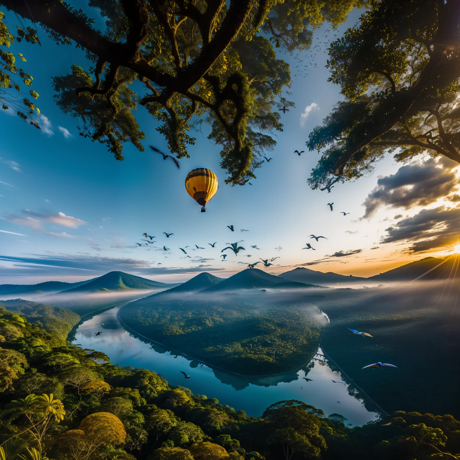 "a majestic yellow ochre hot air balloon gracefully floating amidst a sky adorned with ever-changing shades of blue, accompanied by the elegant flight of birds below. The breathtaking panorama reveals a lush rainforest, complete with a meandering river and an abundant canopy of trees."