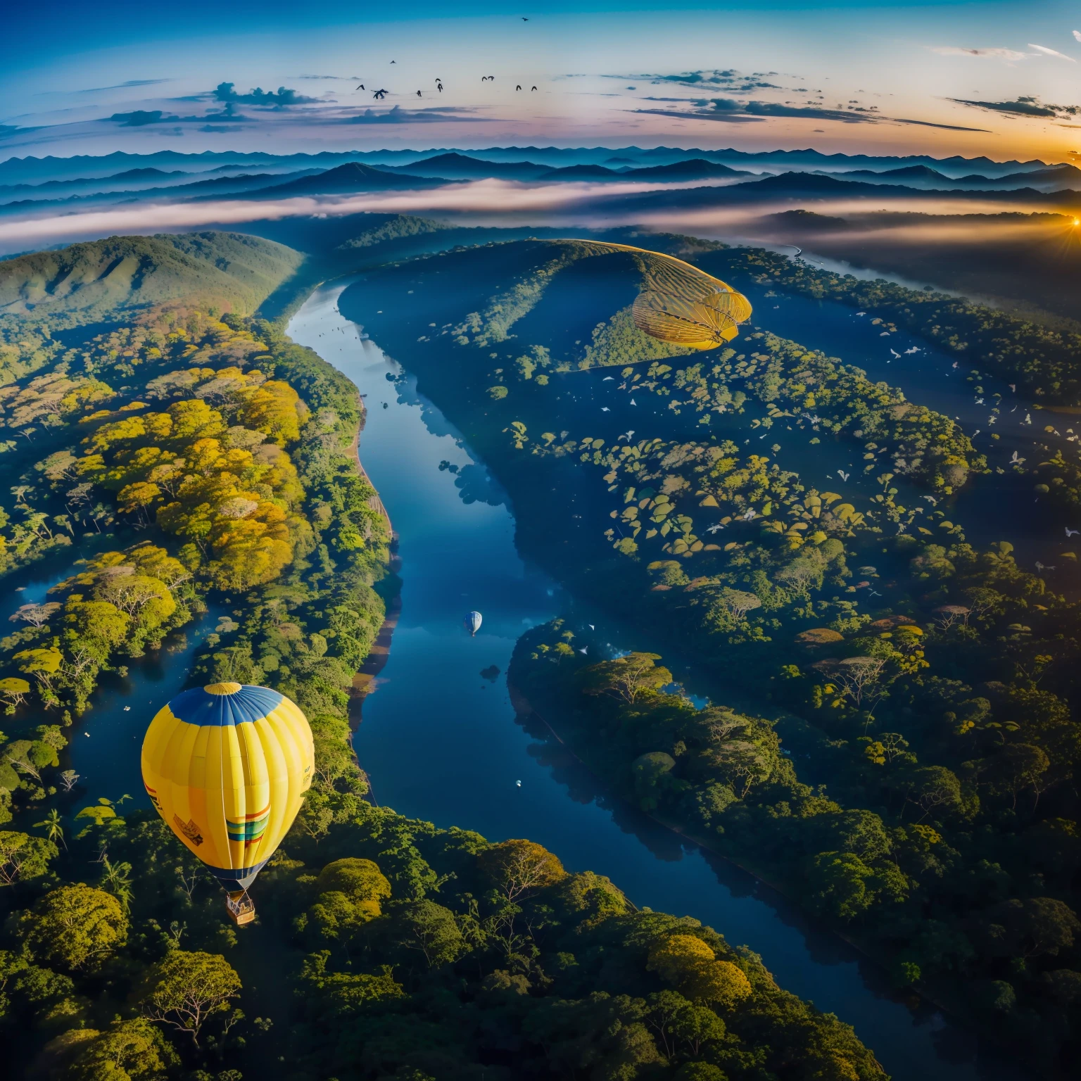 "a majestic yellow ochre hot air balloon gracefully floating amidst a sky adorned with ever-changing shades of blue, accompanied by the elegant flight of birds below. The breathtaking panorama reveals a lush rainforest, complete with a meandering river and an abundant canopy of trees."