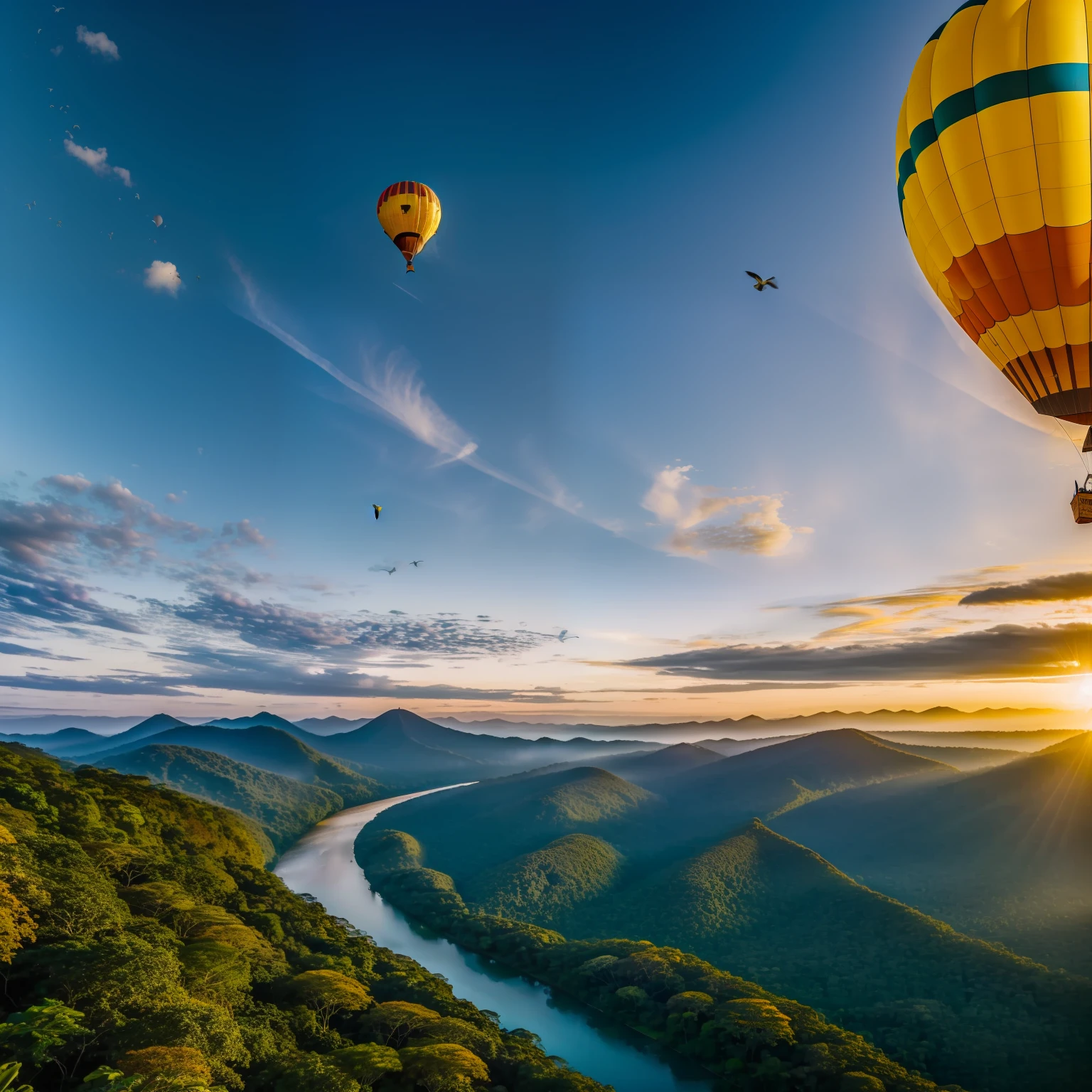 "a majestic yellow ochre hot air balloon gracefully floating amidst a sky adorned with ever-changing shades of blue, accompanied by the elegant flight of birds below. The breathtaking panorama reveals a lush rainforest, complete with a meandering river and an abundant canopy of trees."