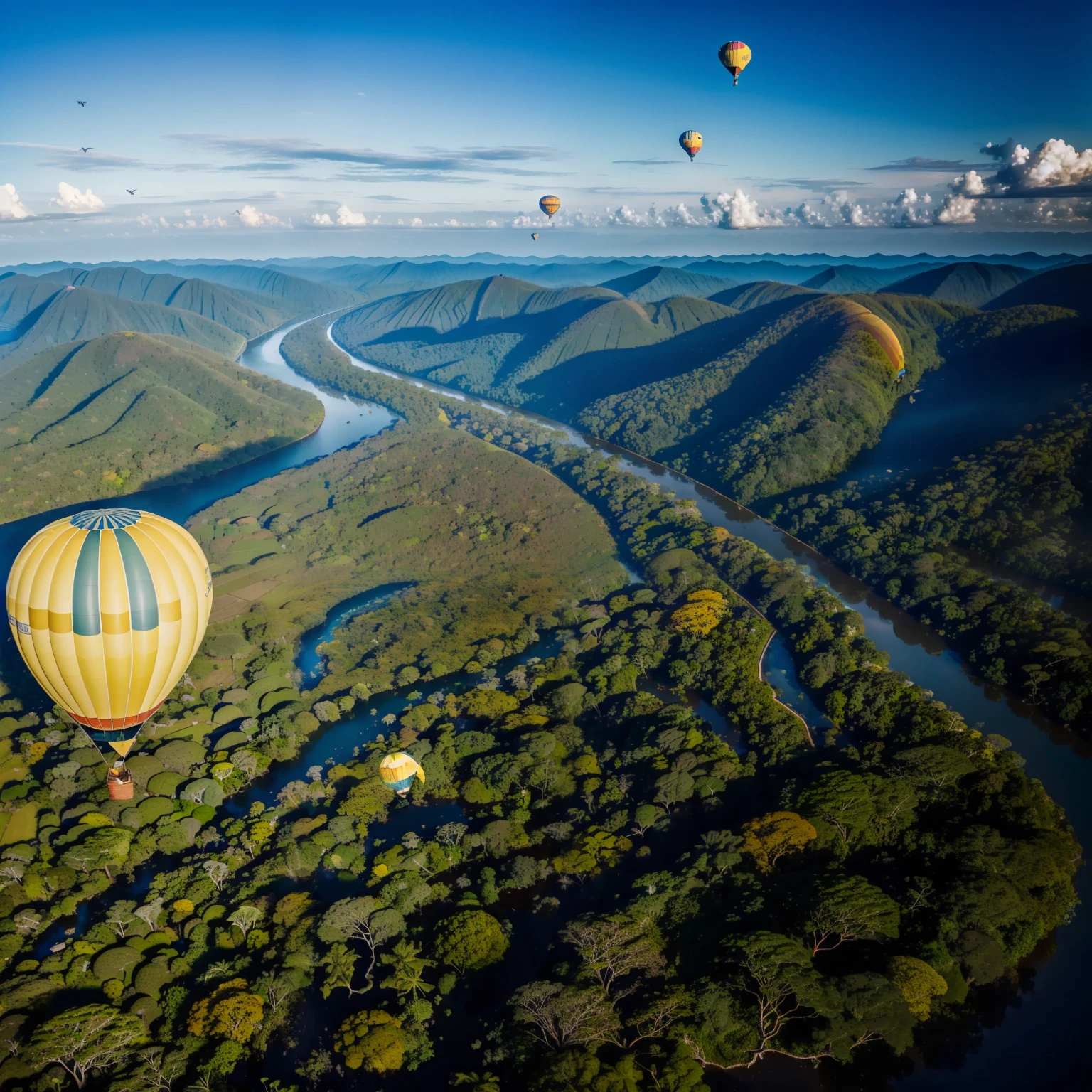 "a majestic yellow ochre hot air balloon gracefully floating amidst a sky adorned with ever-changing shades of blue, accompanied by the elegant flight of birds below. The breathtaking panorama reveals a lush rainforest, complete with a meandering river and an abundant canopy of trees."