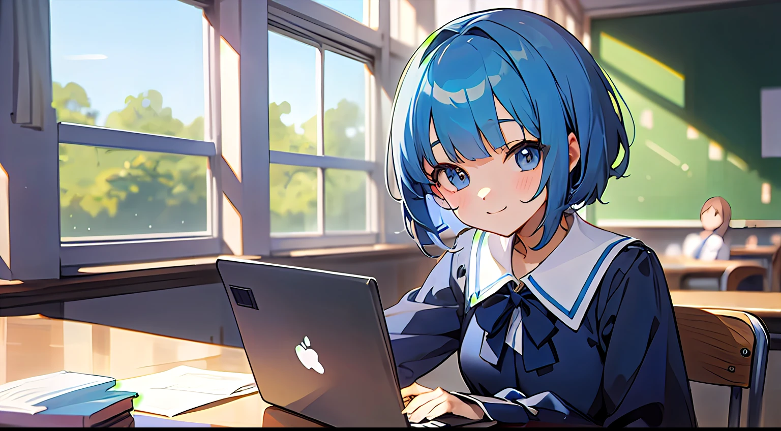 Upper body, mid-shot, femele, Detailed eyes, ((Anime girl sitting at laptop table)), , Short hair, Blue hair, Bangs,school classrooms,Dark blue uniform, Long sleeves,、frontage、 Smiling smile