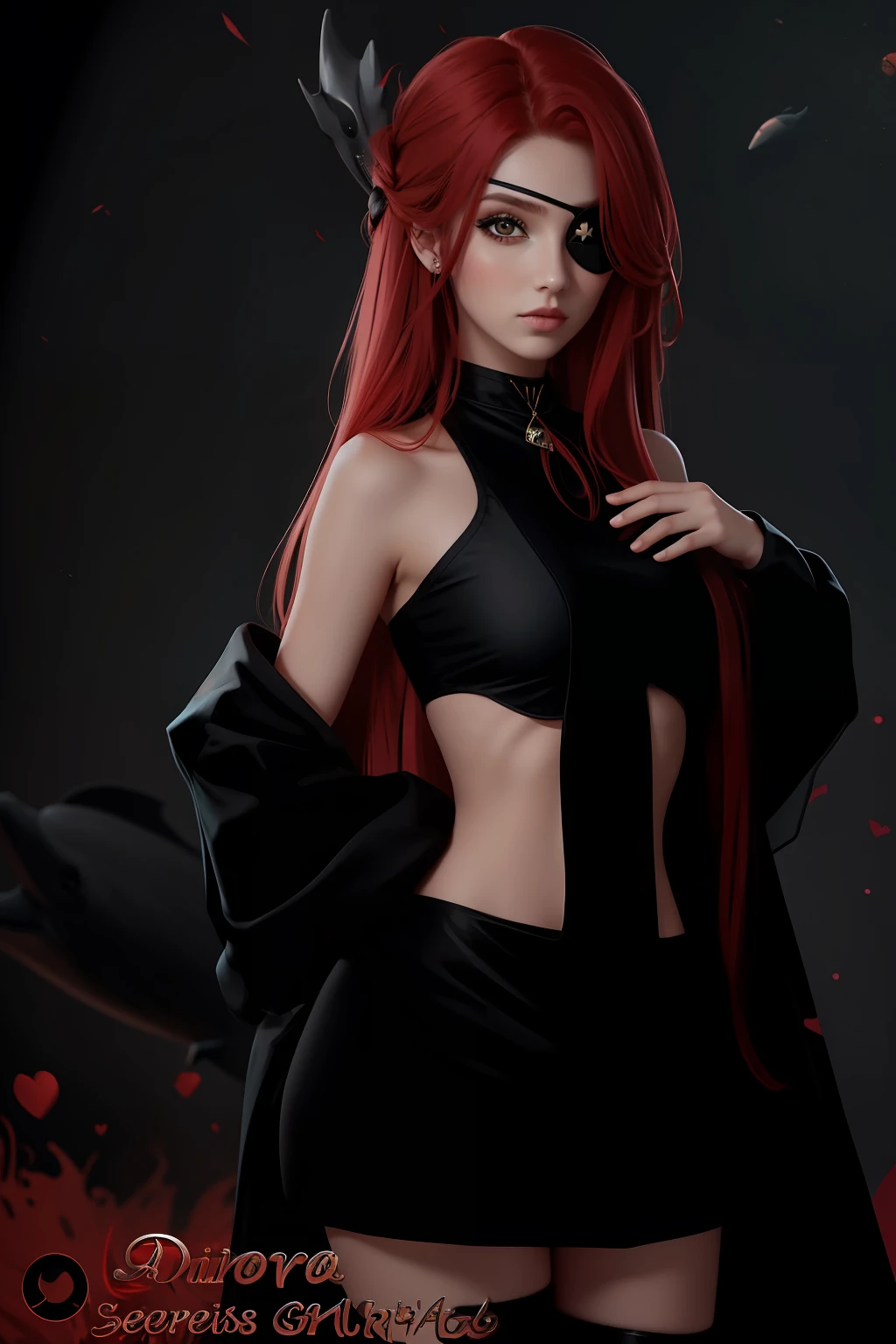 A beautiful girl, dark black crop top dress, long red hair, pirate eye patch, dolphin suit effect