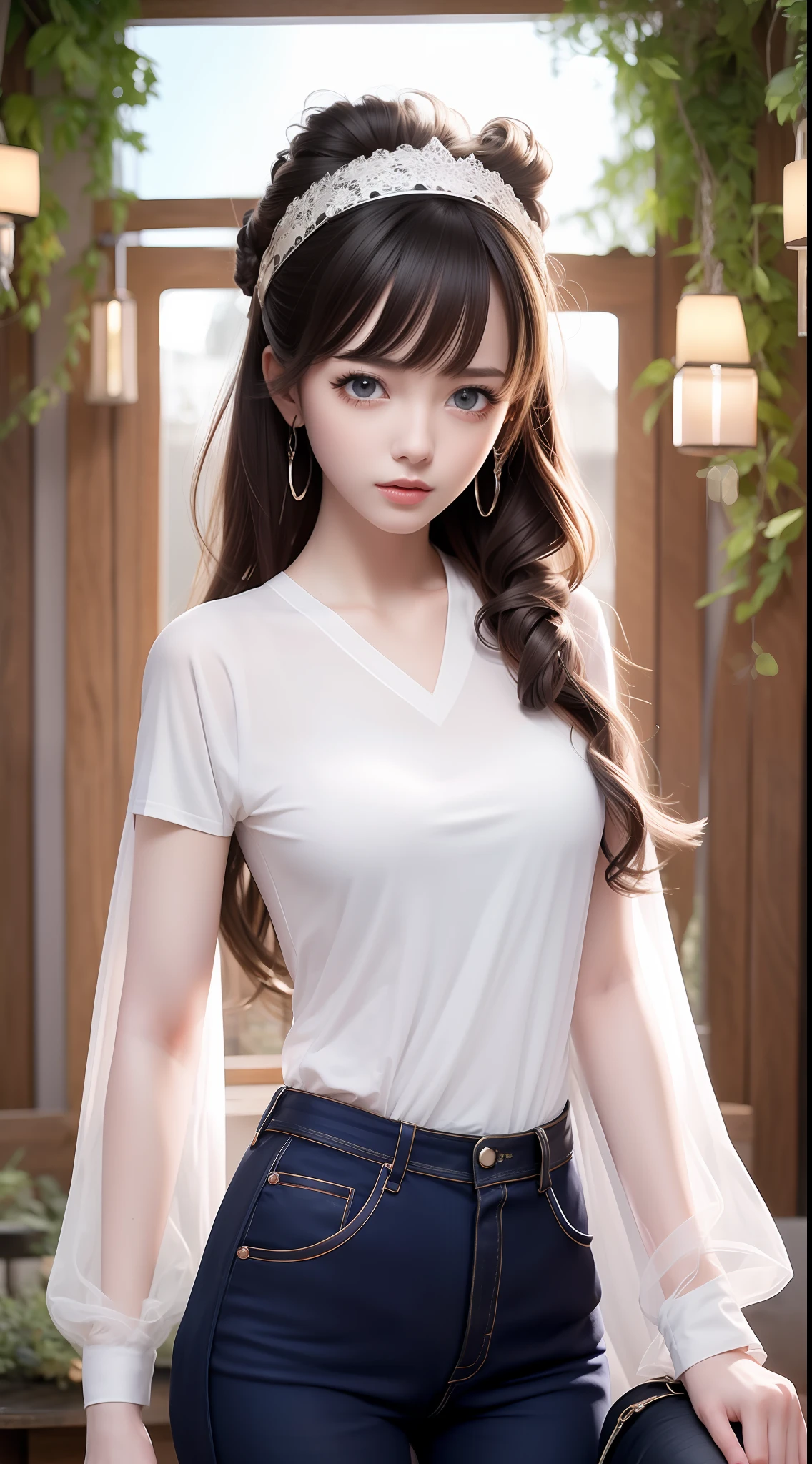 4k ultra hd, masterpiece, very high quality, a girl, age 20 years old girl, good face, smooth face, detailed eyes, beautiful hair, very long hair, hair band, cute look, modern clothes, pink shirt, black jeans, good shoes, sitting, morning background, buildings, sun lights, clear weather, stylish looking,
