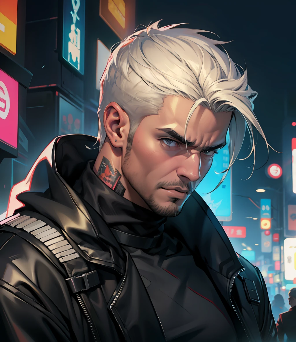 Homem gostoso peitudo , calcas cyberpunk, cabelos curtos, peito aberto