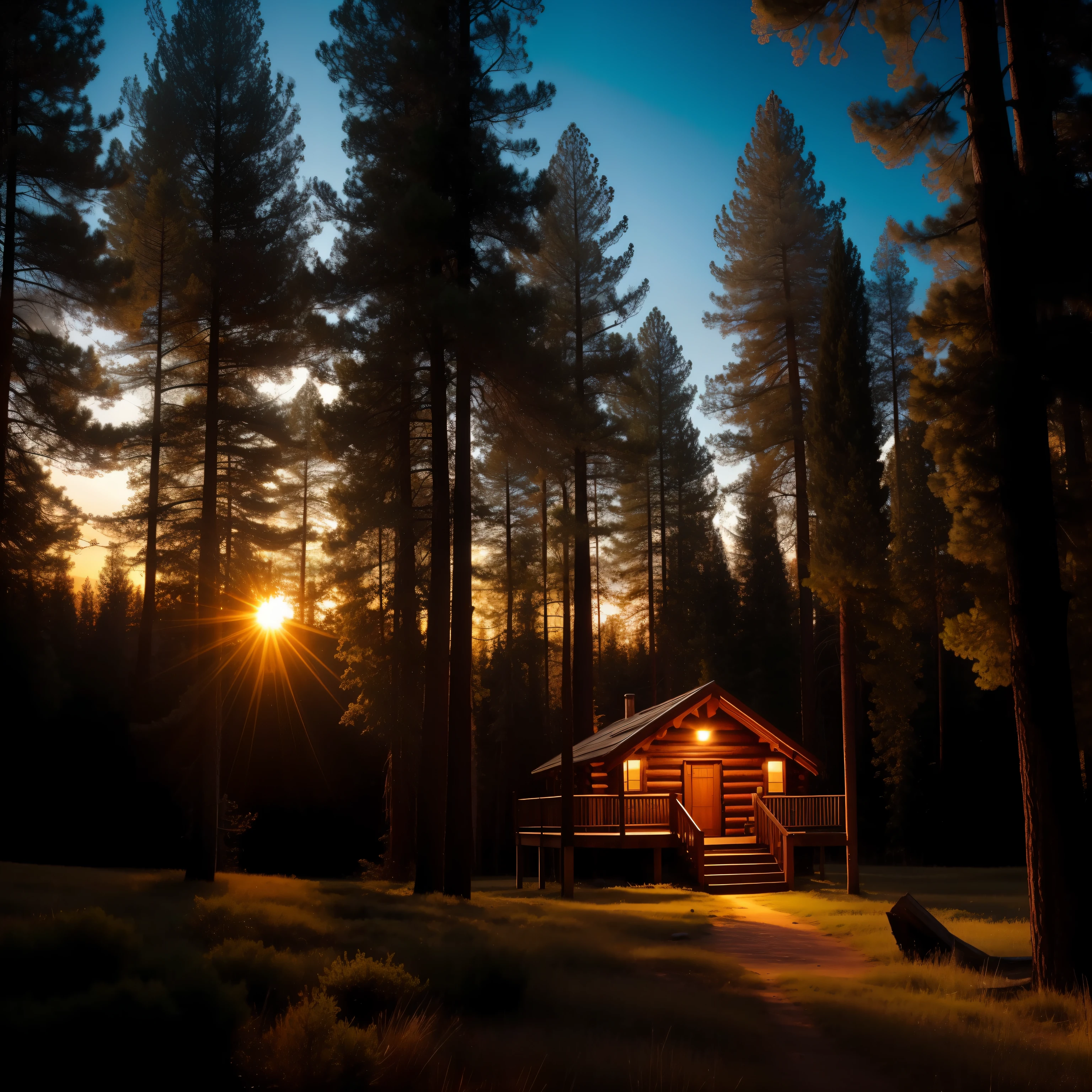 Bosque perfecto, lots of trees, A cabin in the woods, atardecer hermoso, suelo de tierra, imagen de alta calidad