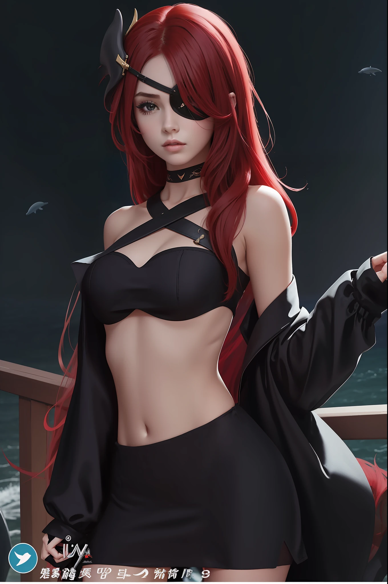 A beautiful girl, dark black crop top dress, long red hair, pirate eye patch, dolphin suit effect