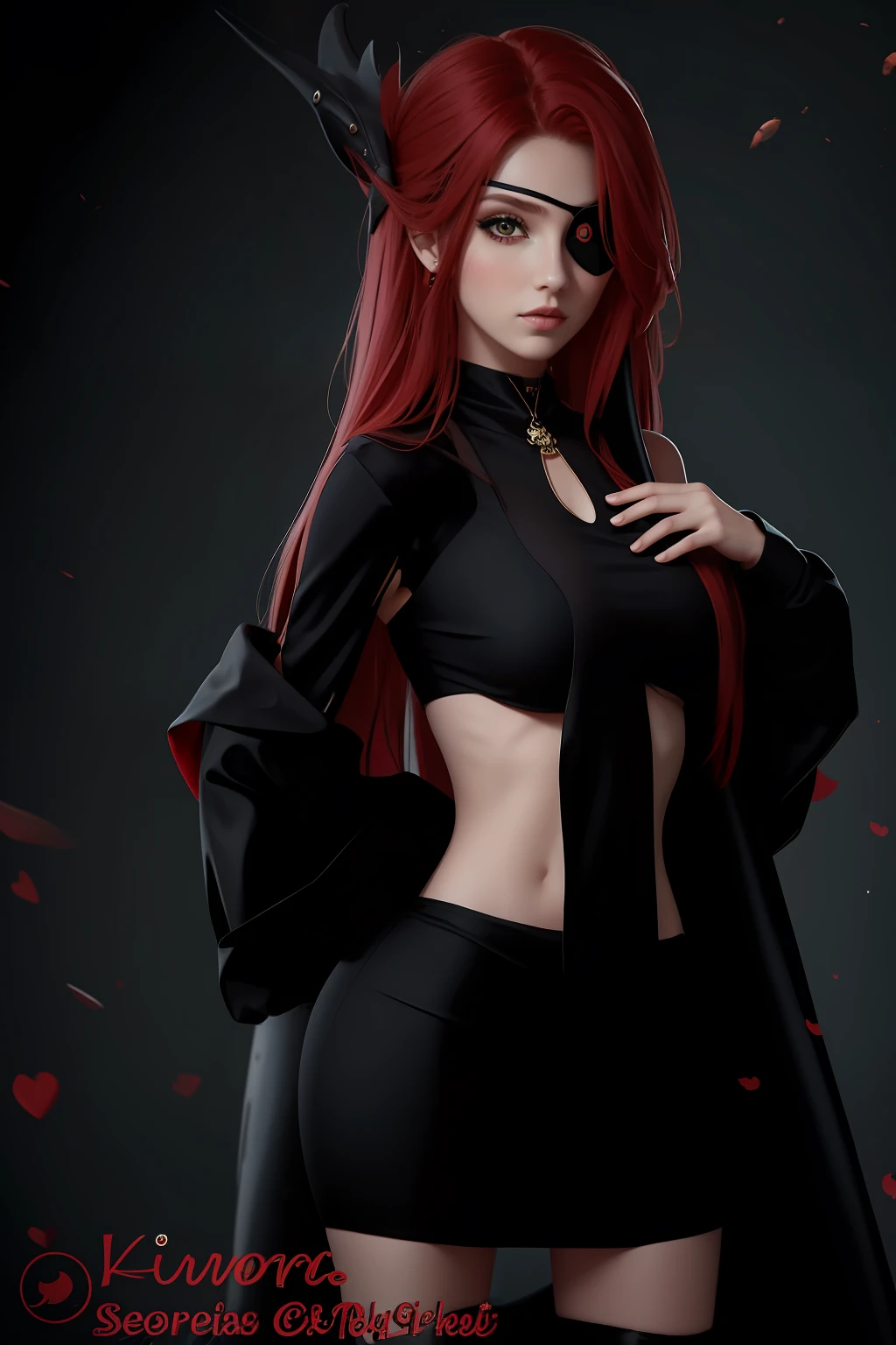 A beautiful girl, dark black crop top dress, long red hair, pirate eye patch, dolphin suit effect