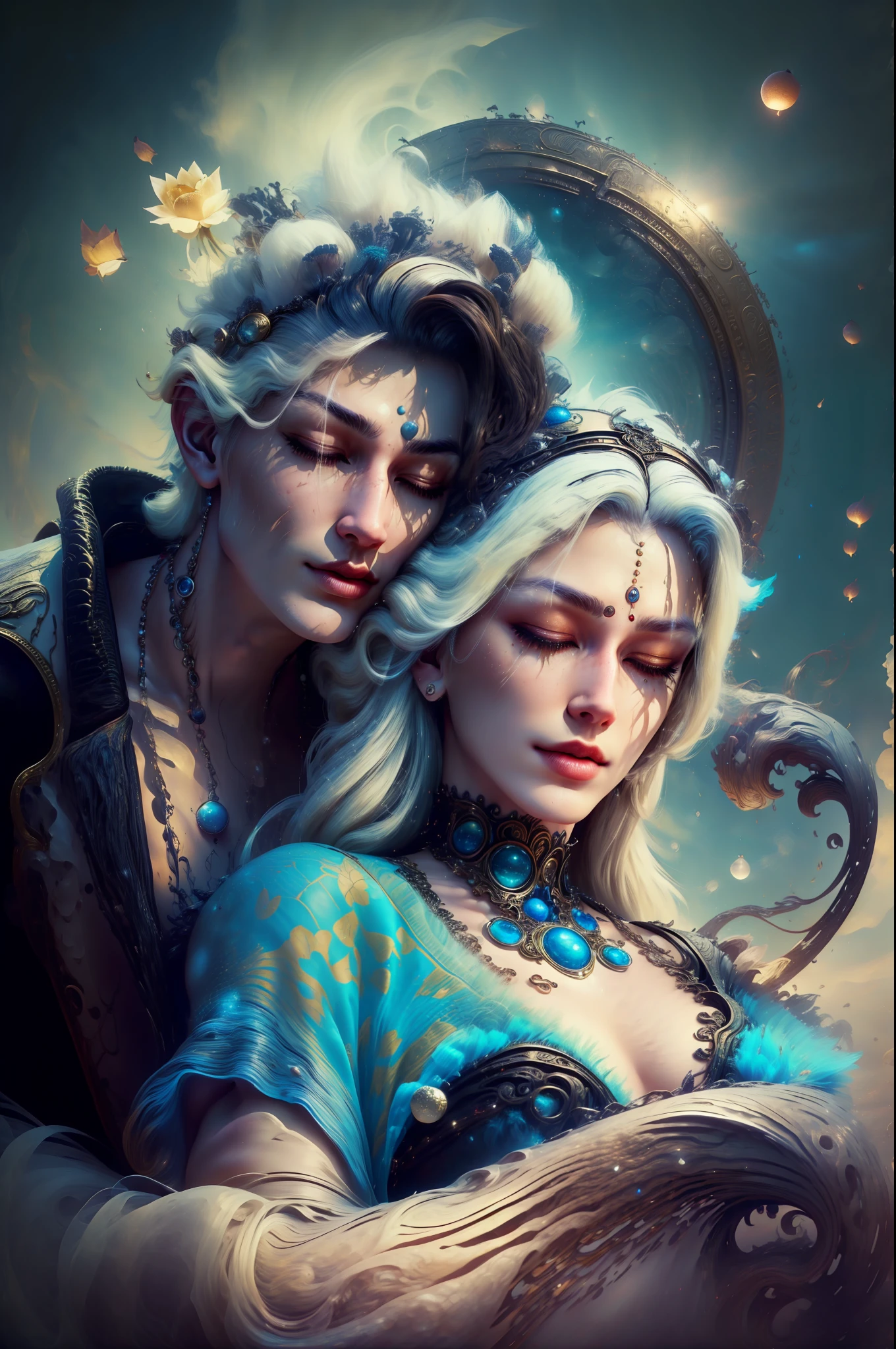 Handsome guy in a white shirt,A man and a woman hugging,Twin,Sit and meditate in a lotus pose,Look at the audience with your eyes closed,raised head,Floating on the ground,cheerfulness,A slight smil,realisticlying,Bokeh,light particules,very highly detailed background,detailed face with,Detailed and complex busy background,Untidy,opulent,milkyW,Highly detailed hands,Realistic details of skin,Visible Pore,tack sharp focus,volume fog,8K UHD,digital SLR camera,high qulity,filmgrain,White skin of the,photo-realism,lomo graphy,Huge metropolis in a dystopia of the future , look from down