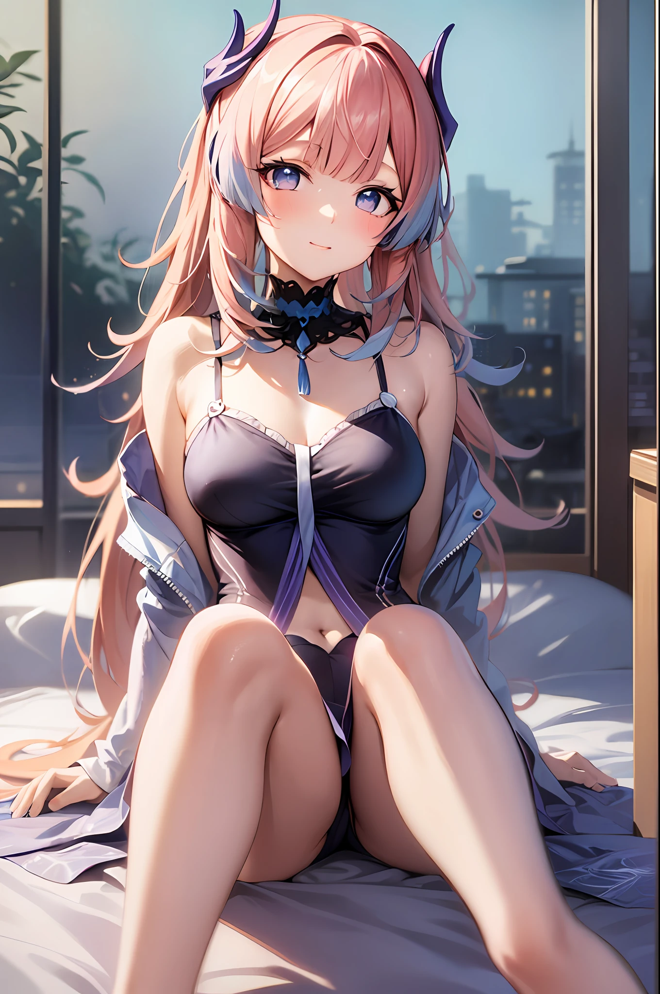 anime girl sitting on a bed with her legs crossed, seductive anime girl, pink hair, attractive anime girl, cute anime girl, anime girl, sitting on her bed, (anime girl), anime best girl, sitting on a bed, sitting on the bed, an anime girl, pretty anime girl