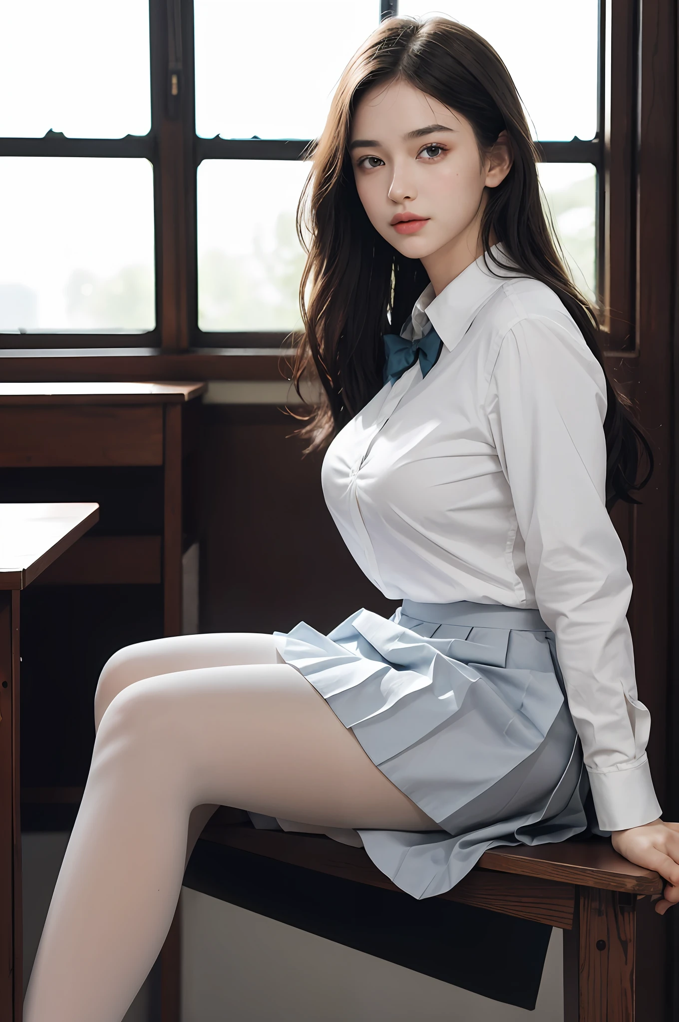 ultra realistic 8k cg, picture-perfect face, flawless, clean, masterpiece, professional artwork, famous artwork, perfect face, beautiful face, beautiful eyes, ((perfect female body)), solo,(immersive atmosphere, chiaroscuro:1.5,bright light:1.2,luminous lighting)
,,(blush:0.5),seductive expression,extremely detailed_eyes,thick thighs,large breasts,
beautifully detailed background,depth of field,realistic:1.3, long shot,1girl,shirt,pleated skirt, school uniform, sitting, full body,
(ambient light:1.3),(cinematic composition:1.3),(neon lights:0.1),(HDR:0.1),Accent Lighting, white pantyhose,