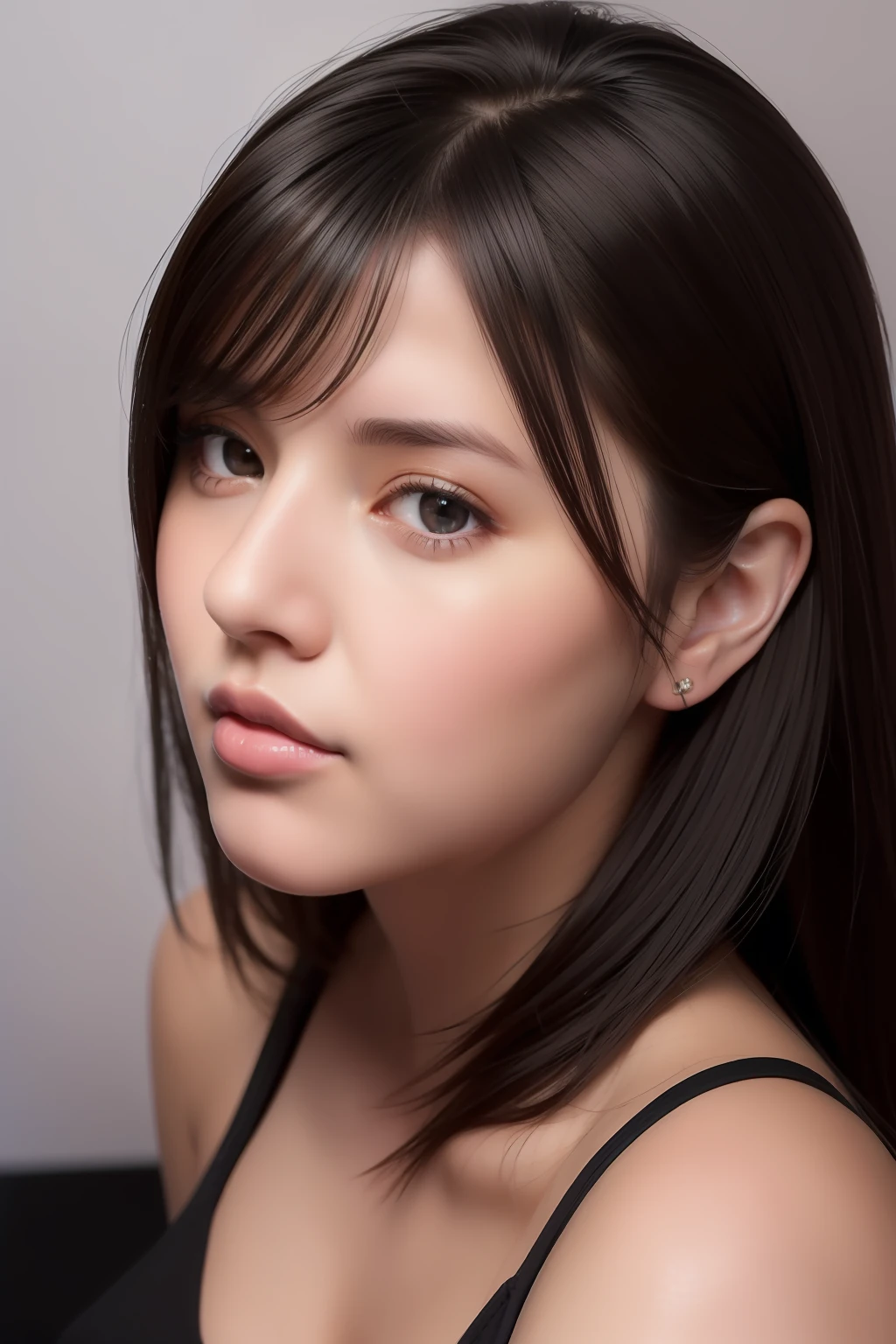 (masterpiece), (extreme close up), side view, best quality, (photorealistic:1.3), 1woman, vonzy selfie wearing black top, at night, front view, pretty face, realistic skin, (round face), side bangs hair, black medium hair, realistic skin texture, vivid lighting, detailed face cheering, human skin texture