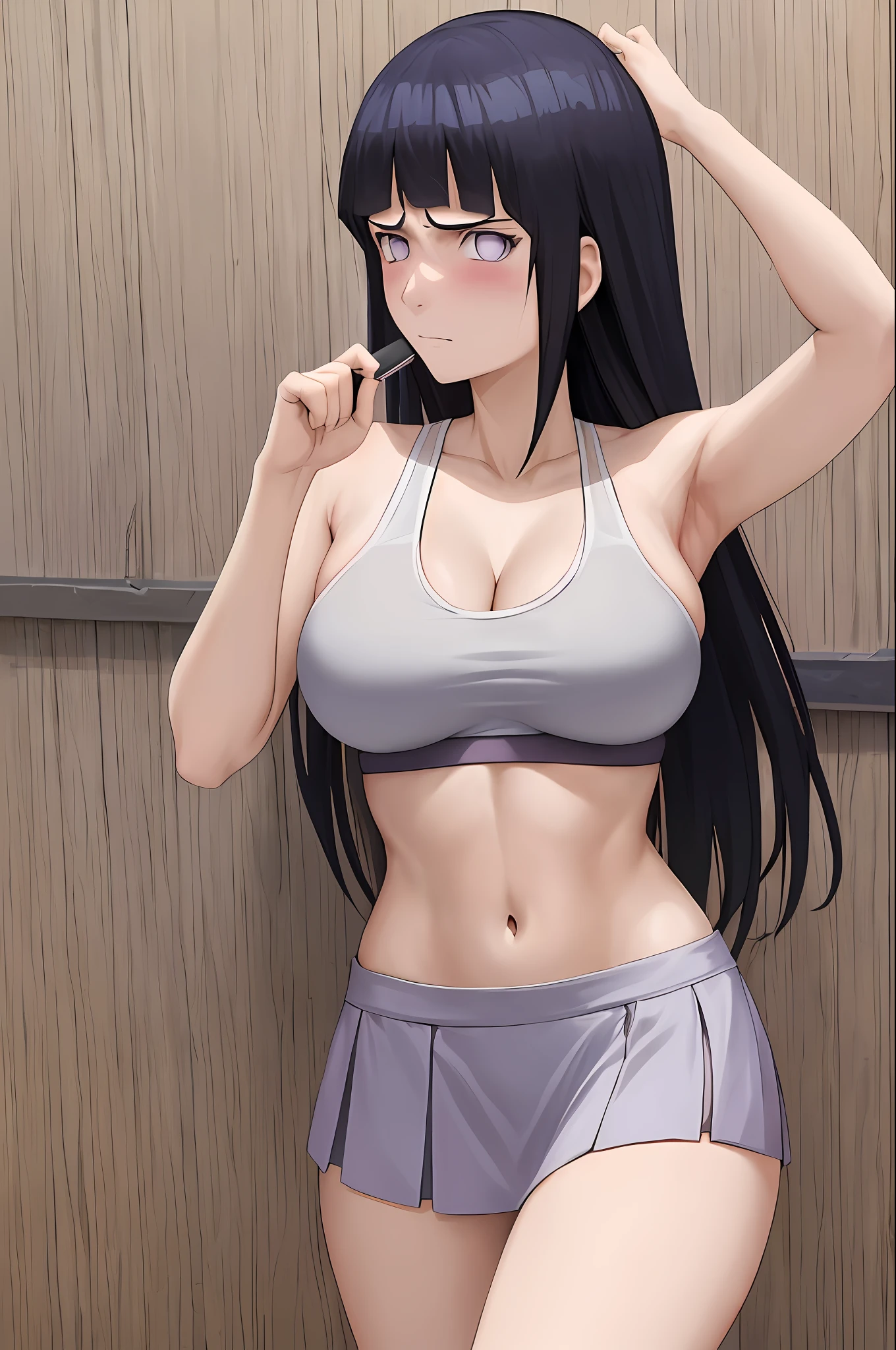 masterpiece, absurdres, 1girl, hinata\(shippuden\), looking at viewer, frown, (sports bra), (miniskirt), (field background), blushing, tennis racket, skinny waist, ((busty)), (thighs), ((large breasts)),