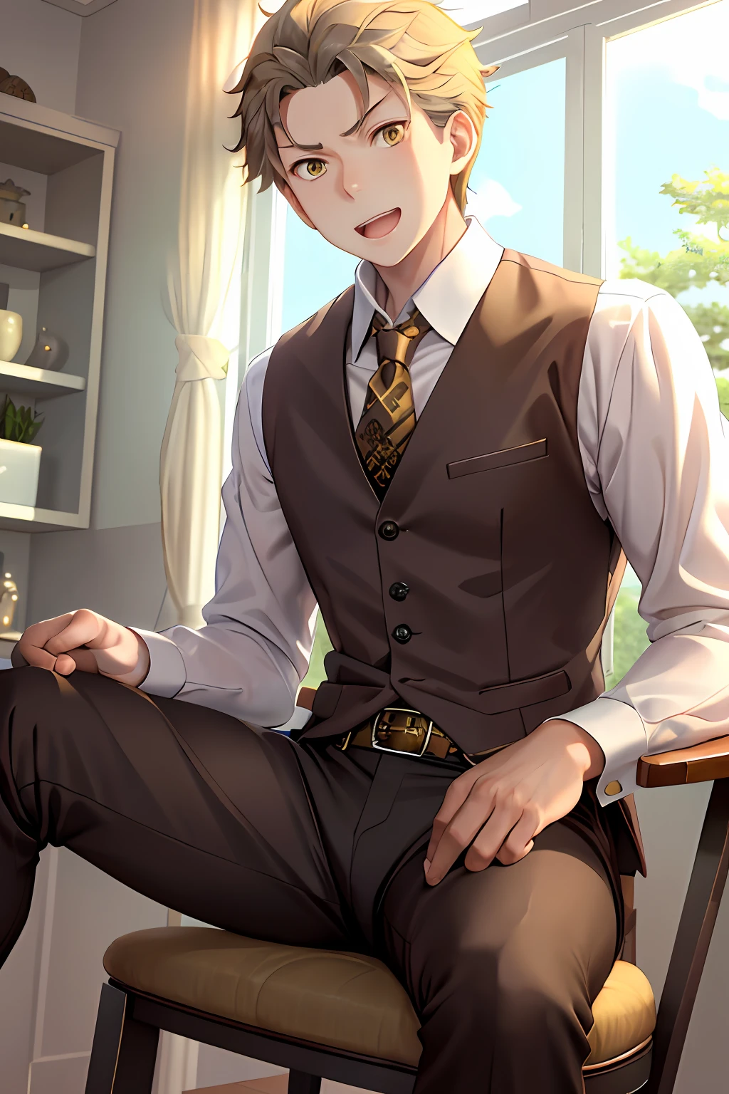 （Open mouth male：1.5），A high-definition sharp summer tree Subaru style pixiv masterpiece，Extremely detailed，Men sit straddles，Golden eyes（Glowing eyes），with short golden hair，in a white shirt，Wear a tie and belt，perspire，The angle of view is taken from below。