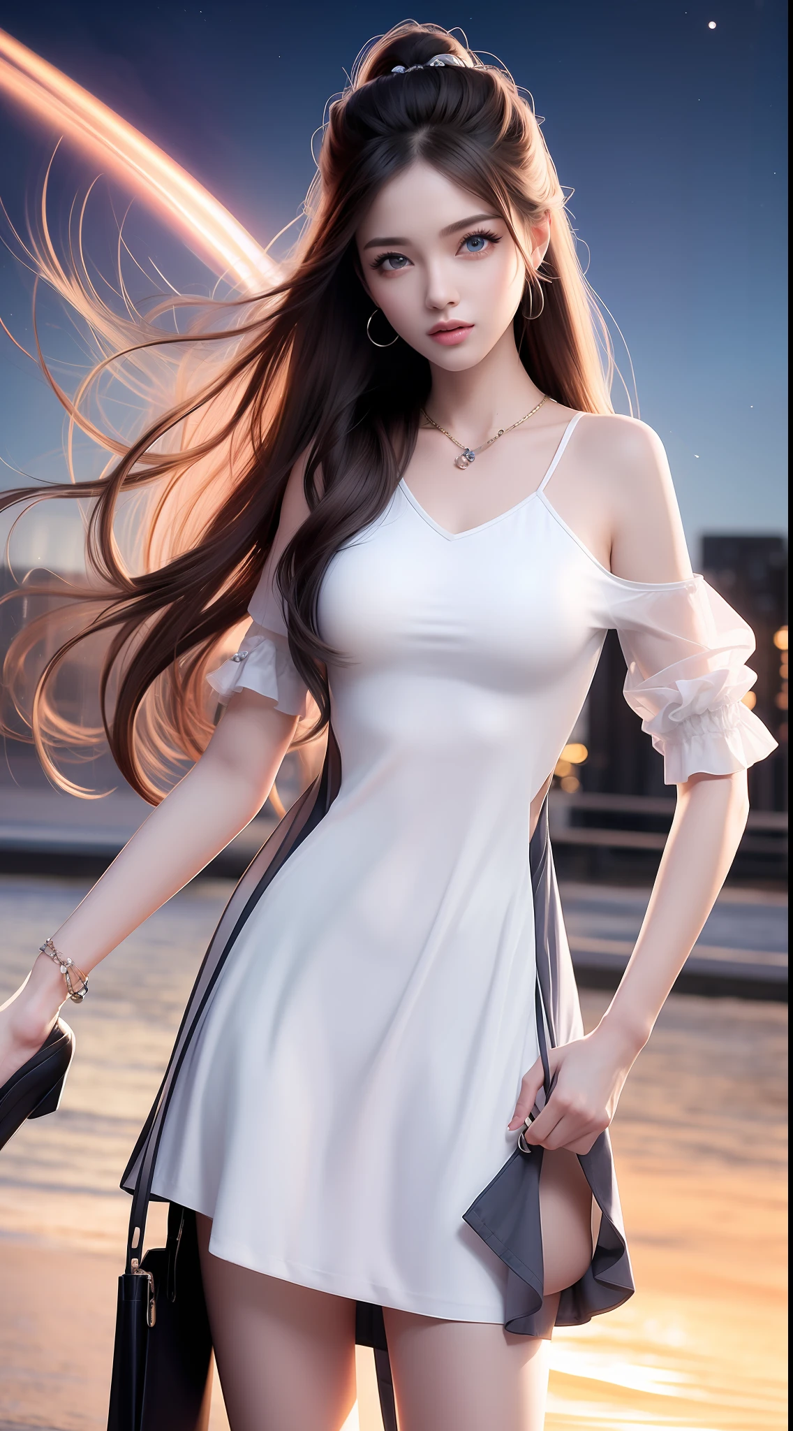 4k ultra hd, masterpiece, very high quality, a girl, age 20 years old girl, good face, smooth face, detailed eyes, beautiful hair, very long hair, hair band, cute look, modern clothes, pink shirt, black jeans, good shoes, sitting, morning background, buildings, sun lights, clear weather, stylish looking,