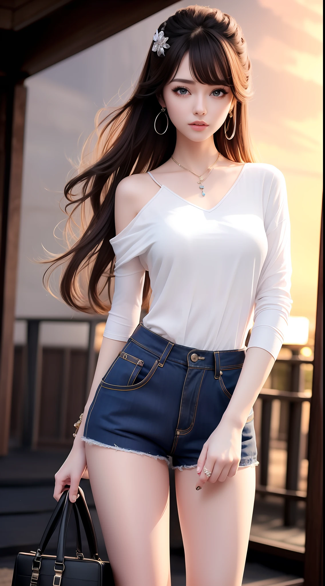 4k ultra hd, masterpiece, very high quality, a girl, age 20 years old girl, good face, smooth face, detailed eyes, beautiful hair, very long hair, hair band, cute look, modern clothes, pink shirt, black jeans, good shoes, sitting, morning background, buildings, sun lights, clear weather, stylish looking,