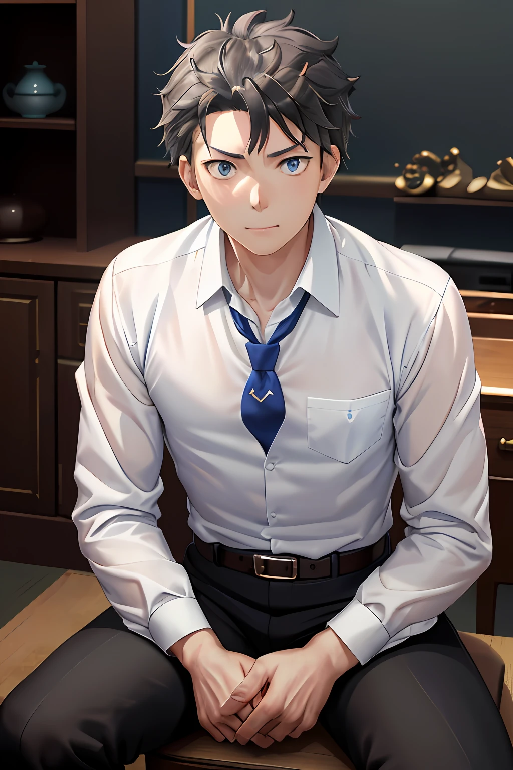 (1 Adult male),A high resolution, Sharp focus, Pixiv masterpiece, ((Complicated details)), highly detailed, natsuki_subaru, 1 man, with her mouth open,full bodyesbian,sit astride, Blue eyes(glowing light eyes), with short white hair,white shirt,Wear a tie,Wear a belt,perspire,look from down