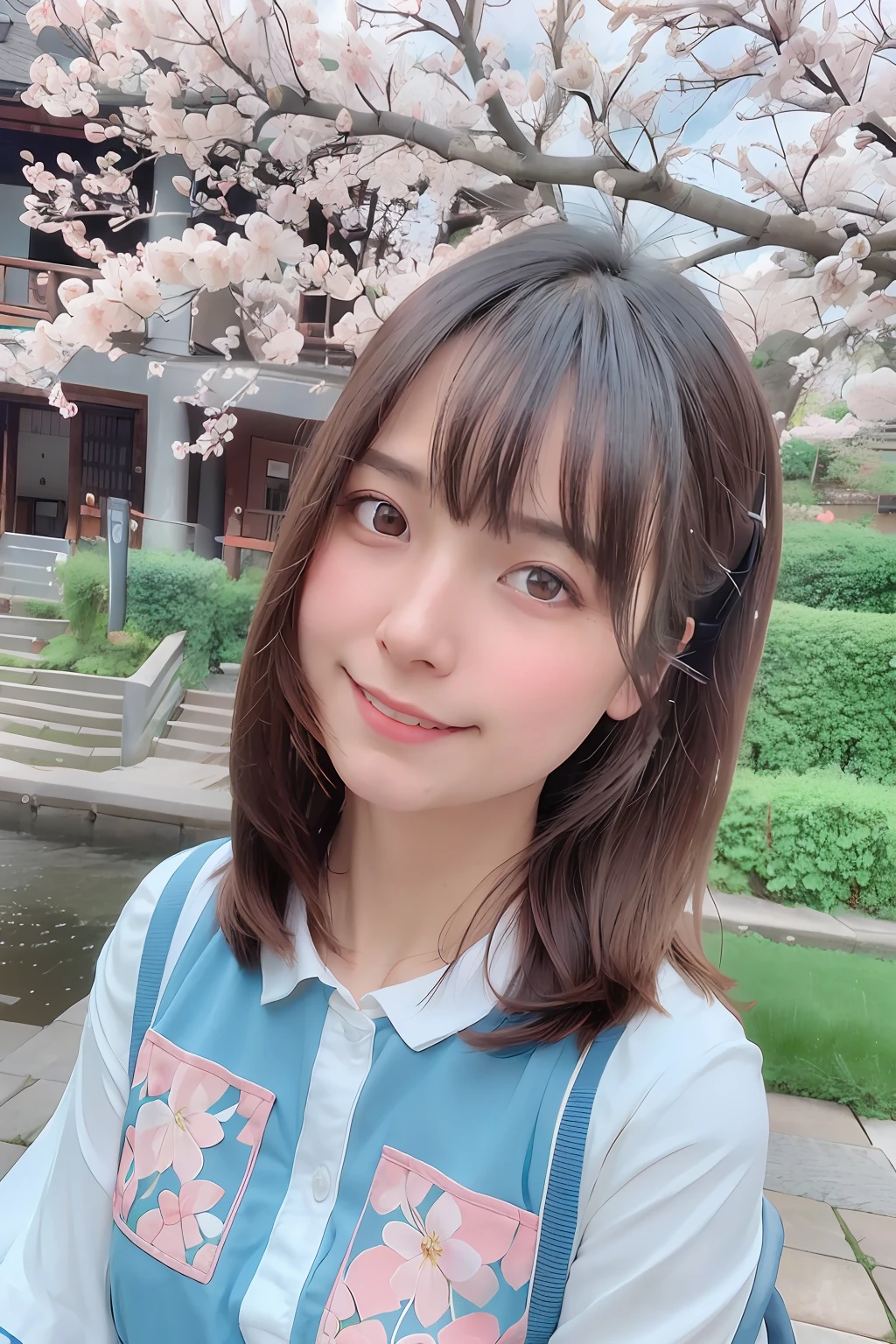 best quality, ultra high res, (photorealistic:1.4),blush,cute,(detailed face),light smile,
looking at viewer,
upper body, japanese clothes,
sunny,river,(cherry blossoms),blue sky,