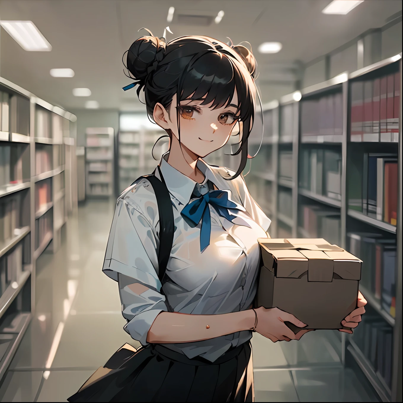 (komi_sch), (high school uniform), (carried breast rest:1.3), (carrying and holding a large box under her chest:1.5), (64k, UHD, Raw photo, highes, Best Quality, mastepiece:2.0), (Ultra-fine depiction of details:3.0) a 18 yo woman, (a librarian), (collared white shirt, ribbon), (neat, tidy, skirt:1.9), (cowboy shot, full body shot:1.3), (carrying a box, holding a large box by her chest), (in a public library), (long black hair, single braid bun, double bun), (closed mouth with a faint happy smile), (perfect body, perfect figure), (perfect slender body), (perfect, flawless, natural skin texture, hyperrealism, effective front light, sharp), (perfect and effective front lighting:1.4)