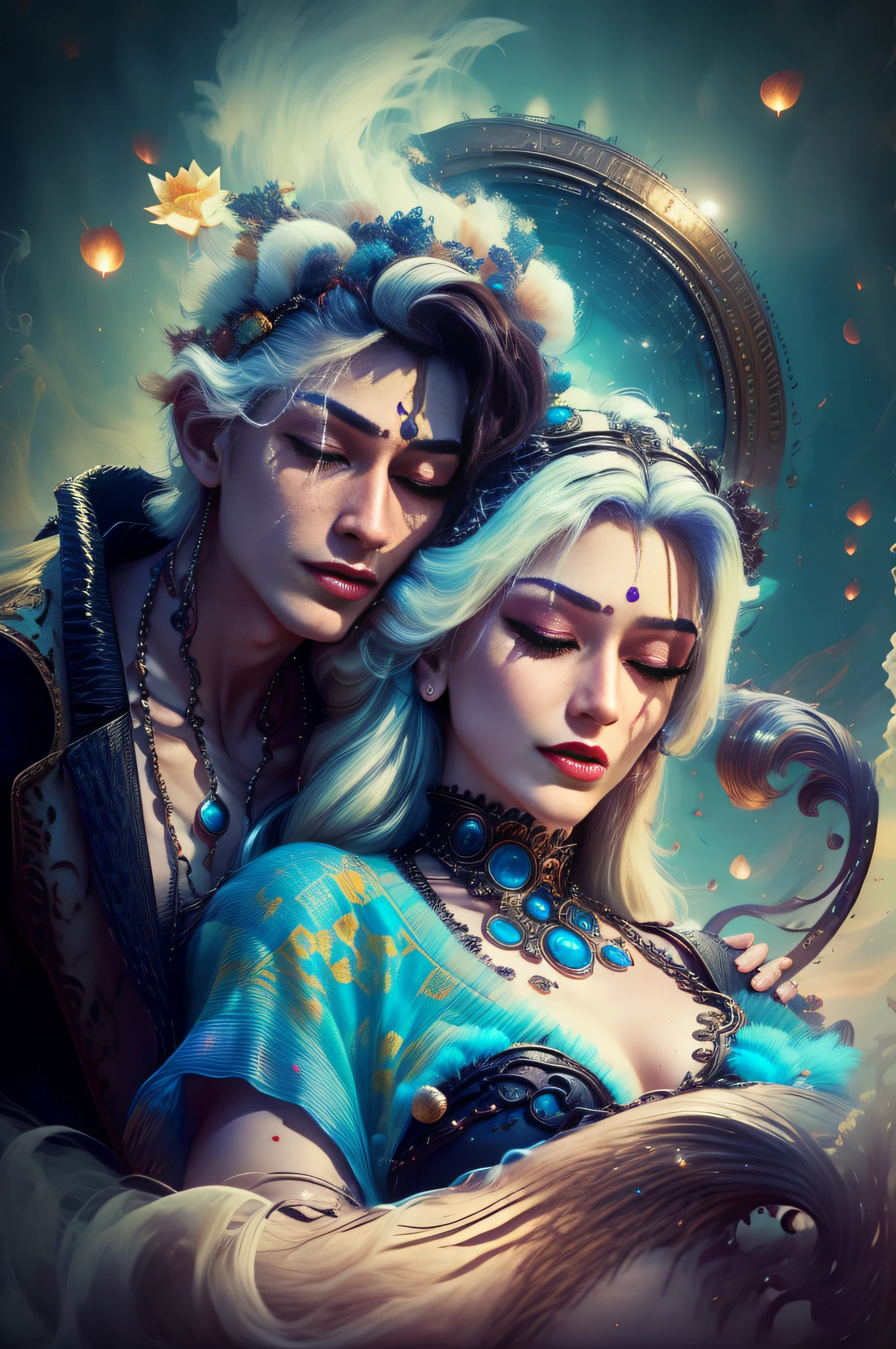 Handsome guy in a white shirt,A man and a woman hugging,Twin,Sit and meditate in a lotus pose,Look at the audience with your eyes closed,raised head,Floating on the ground,cheerfulness,A slight smil,realisticlying,Bokeh,light particules,very highly detailed background,detailed face with,Detailed and complex busy background,Untidy,opulent,milkyW,Highly detailed hands,Realistic details of skin,Visible Pore,tack sharp focus,volume fog,8K UHD,digital SLR camera,high qulity,filmgrain,White skin of the,photo-realism,lomo graphy,Huge metropolis in a dystopia of the future , look from down