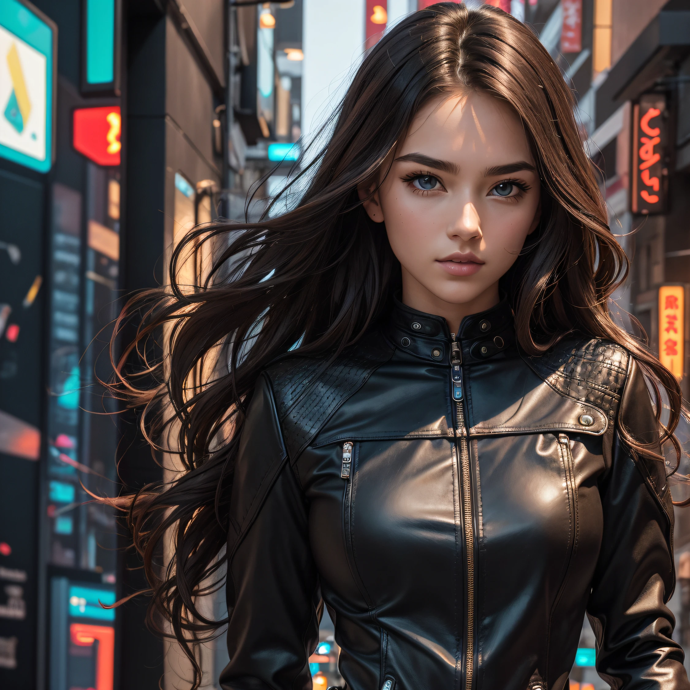 Arafe woman in black leather jacket and black pants, wearing cyberpunk leather jacket, beautiful cyberpunk woman model, jet black haired cyberpunk girl, cyberpunk angry gorgeous goddess, cyberpunk 2 0 y. o Model girl, cyberpunk beautiful girl, seductive cyberpunk dark fantasy, photography of a techwear woman, female cyberpunk anime girl, very beautiful cyberpunk samurai, dreamy cyberpunk girl
