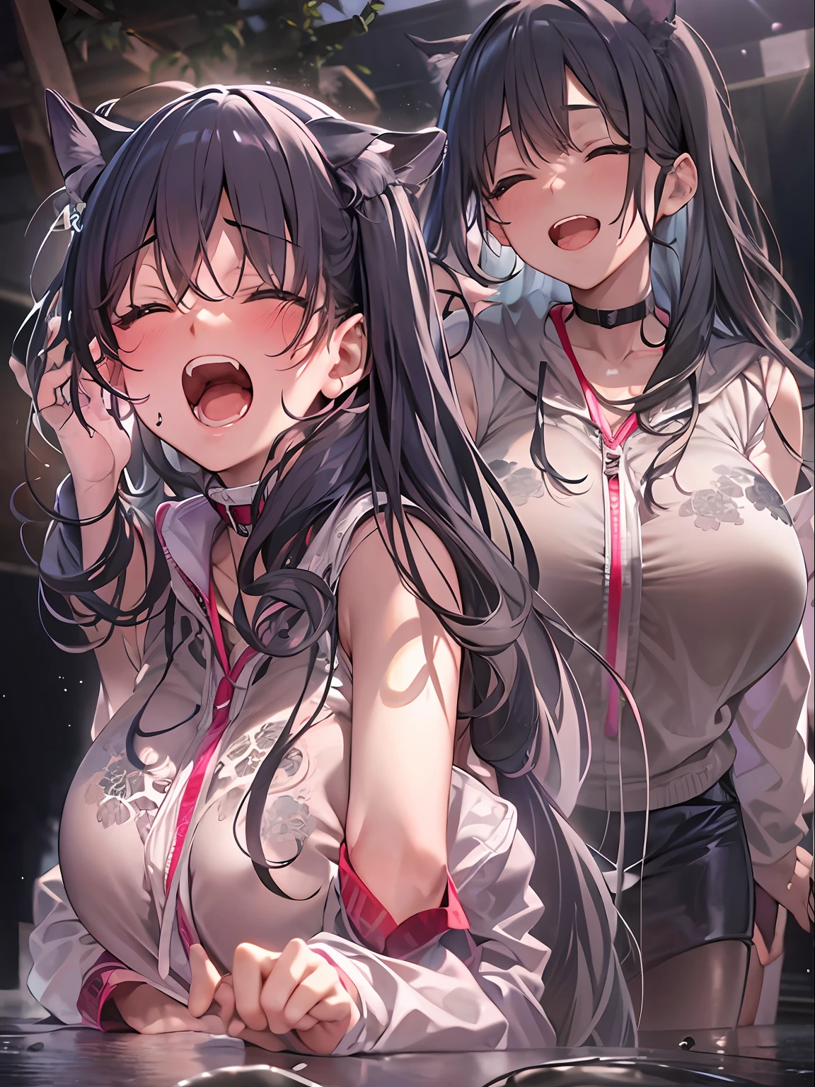 top-quality、masterpiece、超A high resolution、(Photorealsitic:1.4)、One girl yawning in the park、Panting face、A dark-haired、Dramatic Lighting、full body Esbian、maikurobikini、huge-breasted、in bad、a park、Pubic hair shows through、all-fours、blushed face、Functional、Nasty、Functional、all-fours、